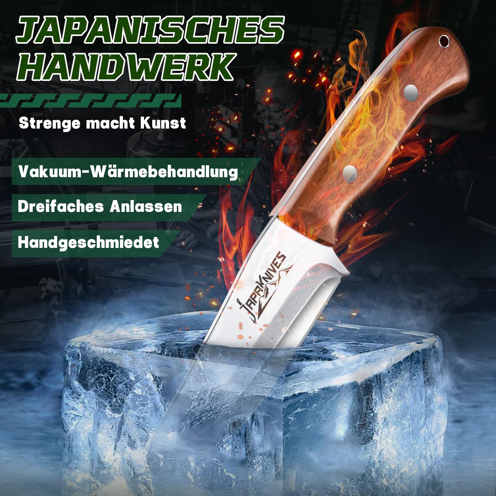 Japaknives Jagdmesser Feststehende Klinge Survival Messer mit Lederscheide Bushcraft Messer Rosenholzgriff Outdoor Messer Jagd Geschenk für Männer