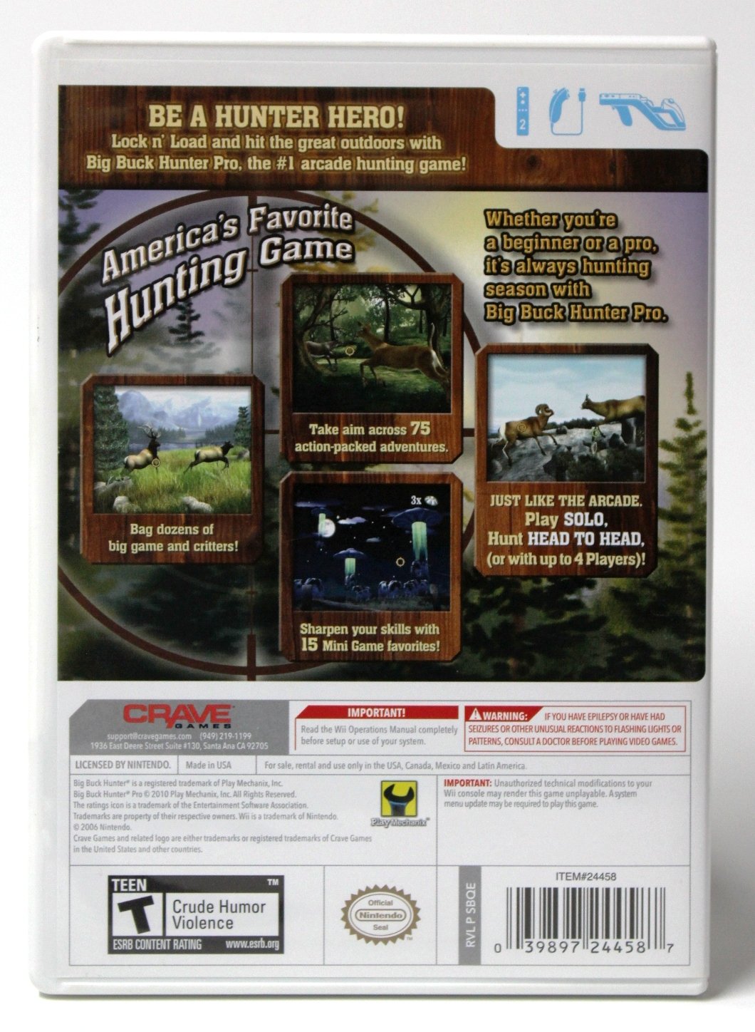 Back of the Big Buck Hunter Pro Nintendo Wii game box, displaying various gameplay screenshots and features.