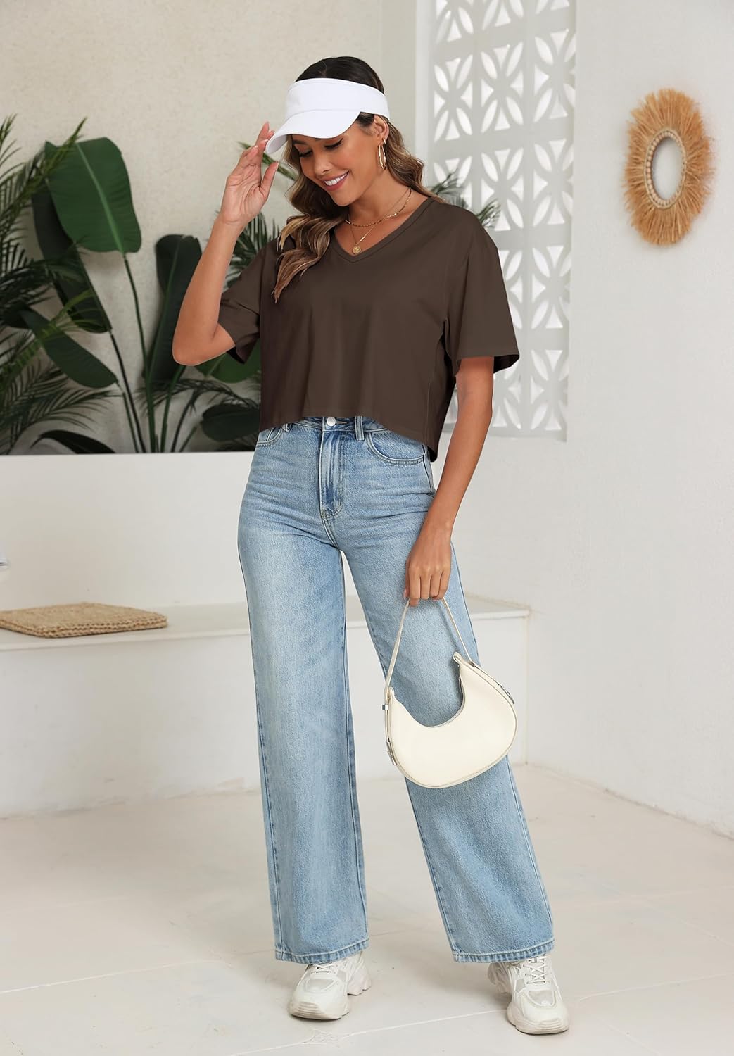 PRIMODA Women's Oversized Crop Tops Boxy V Neck Short Sleeve Cropped T Shirts Loose Summer Workout Crop Tee Tops - Image 3