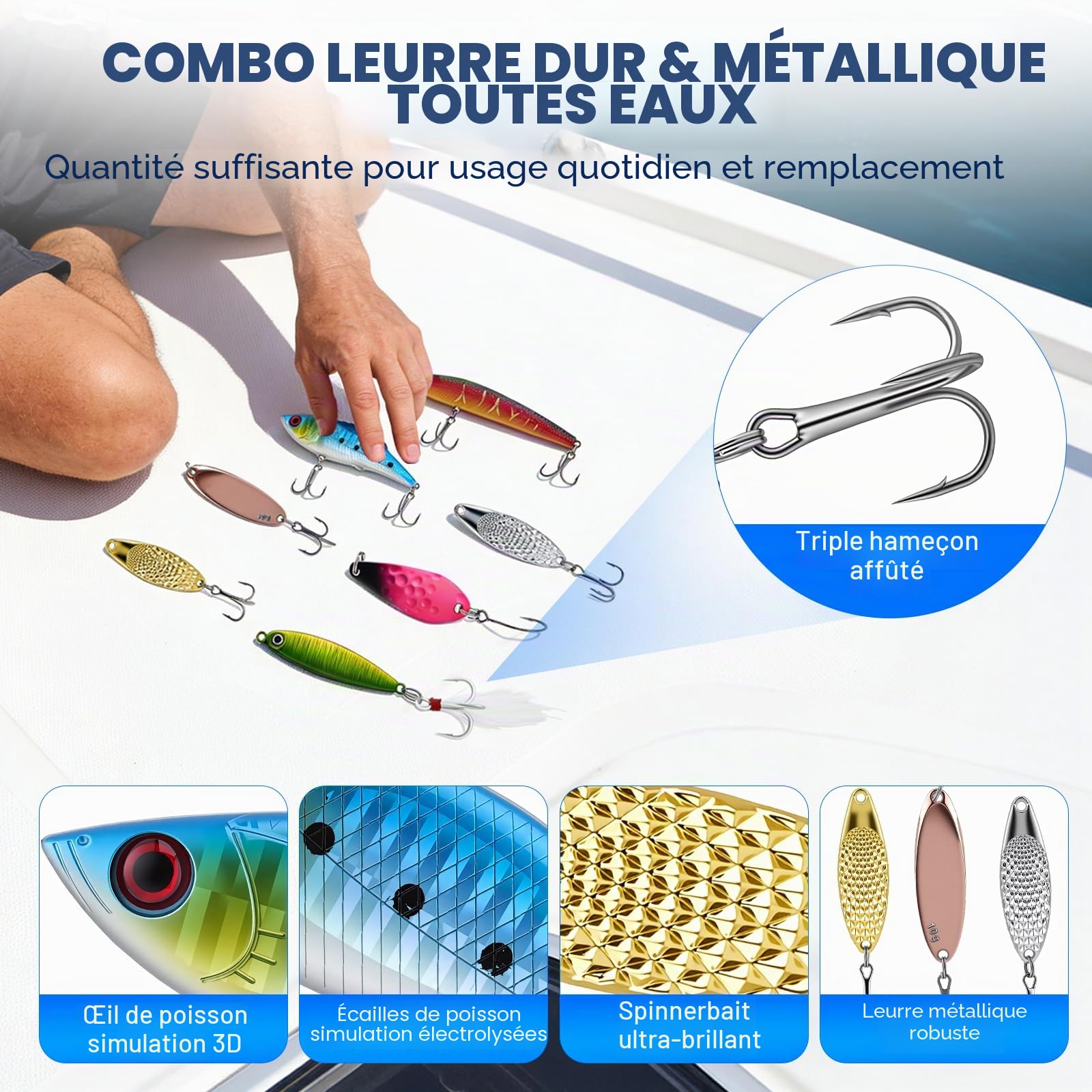 Lot de 460 accessoires de pêche avec boîte à appâts, kit d'appâts de pêche et kit d'outils avec clips à lèvres, extracteur d'hameçon, cuillère, cuillère, spinner, jigs, équipement de pêche pour