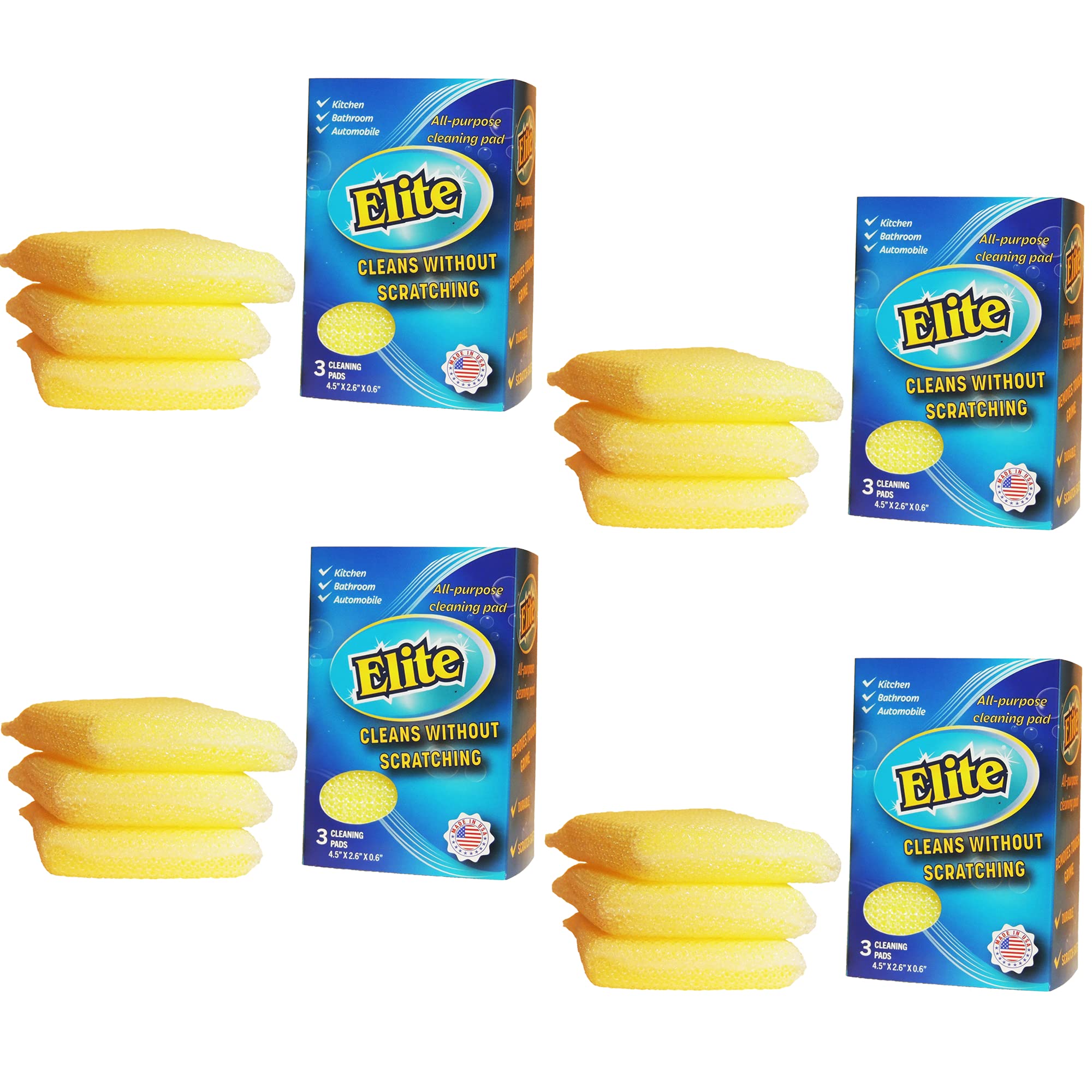Elite All Purpose Cleaning Pad, 12 Pads (4x3pack), Non Scratch, Dish Sponge, Scrubber, Sponges for Kitchen and Household Use, Made in USA