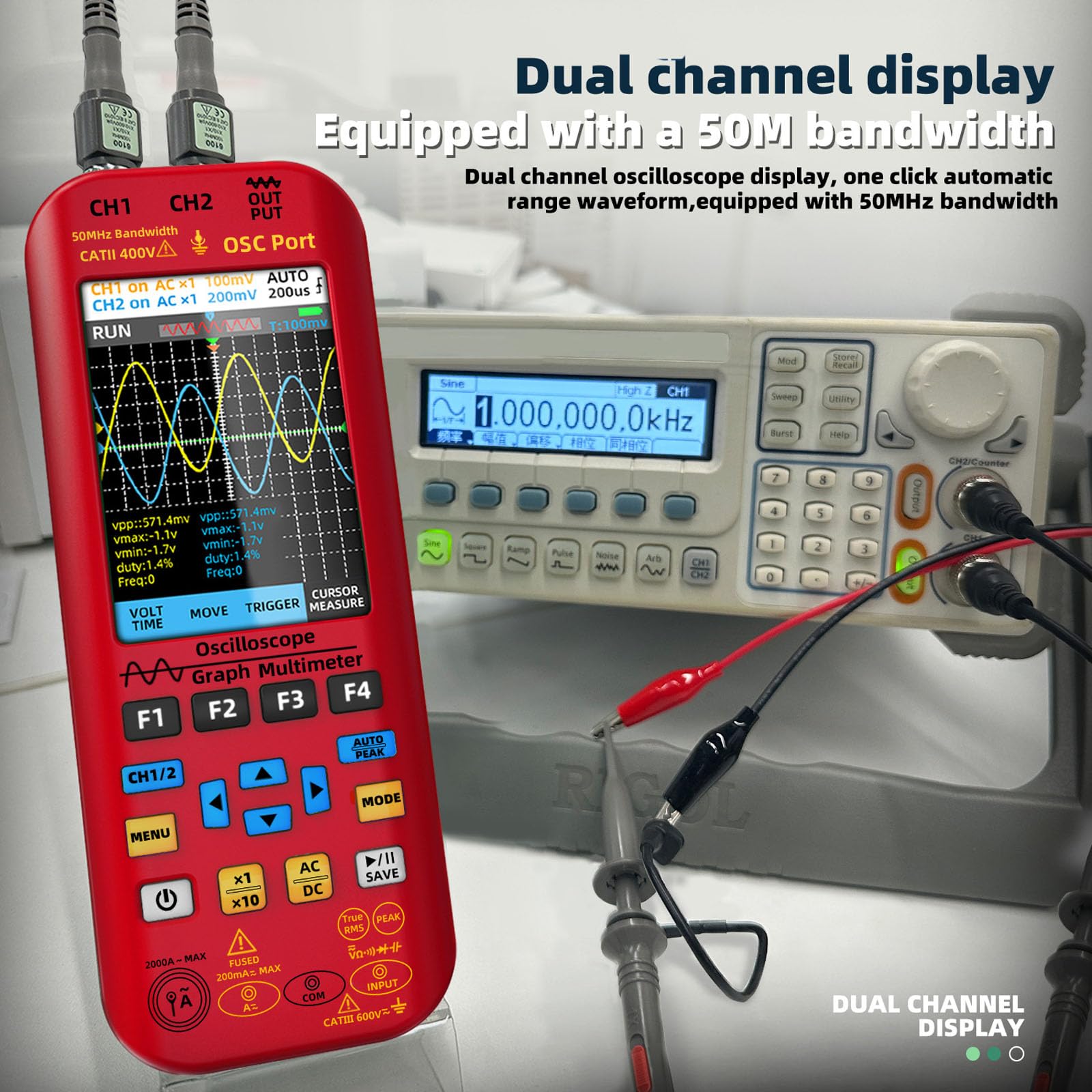Digitales Oszilloskop mit 128K Speichertiefe & Echtzeit-Abtastung, 50 MHz Doppelspur-Oszilloskop für Ingenieure, Handgerät mit Multimeter-Funktion