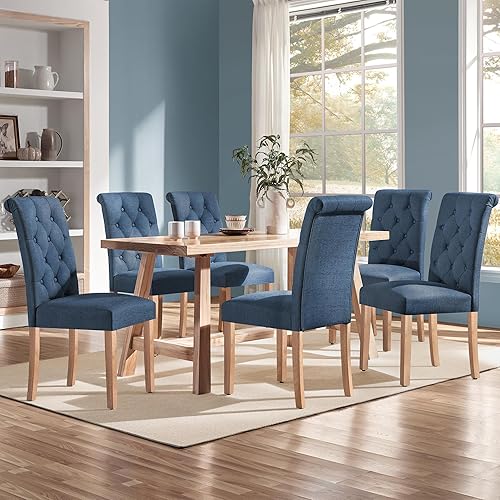 Miniatura 44 de Yaheetech Juego de 6 sillas de comedor tapizadas de tela con respaldo alto y patas de madera maciza para cocina, sala de estar, restaurante, estilo