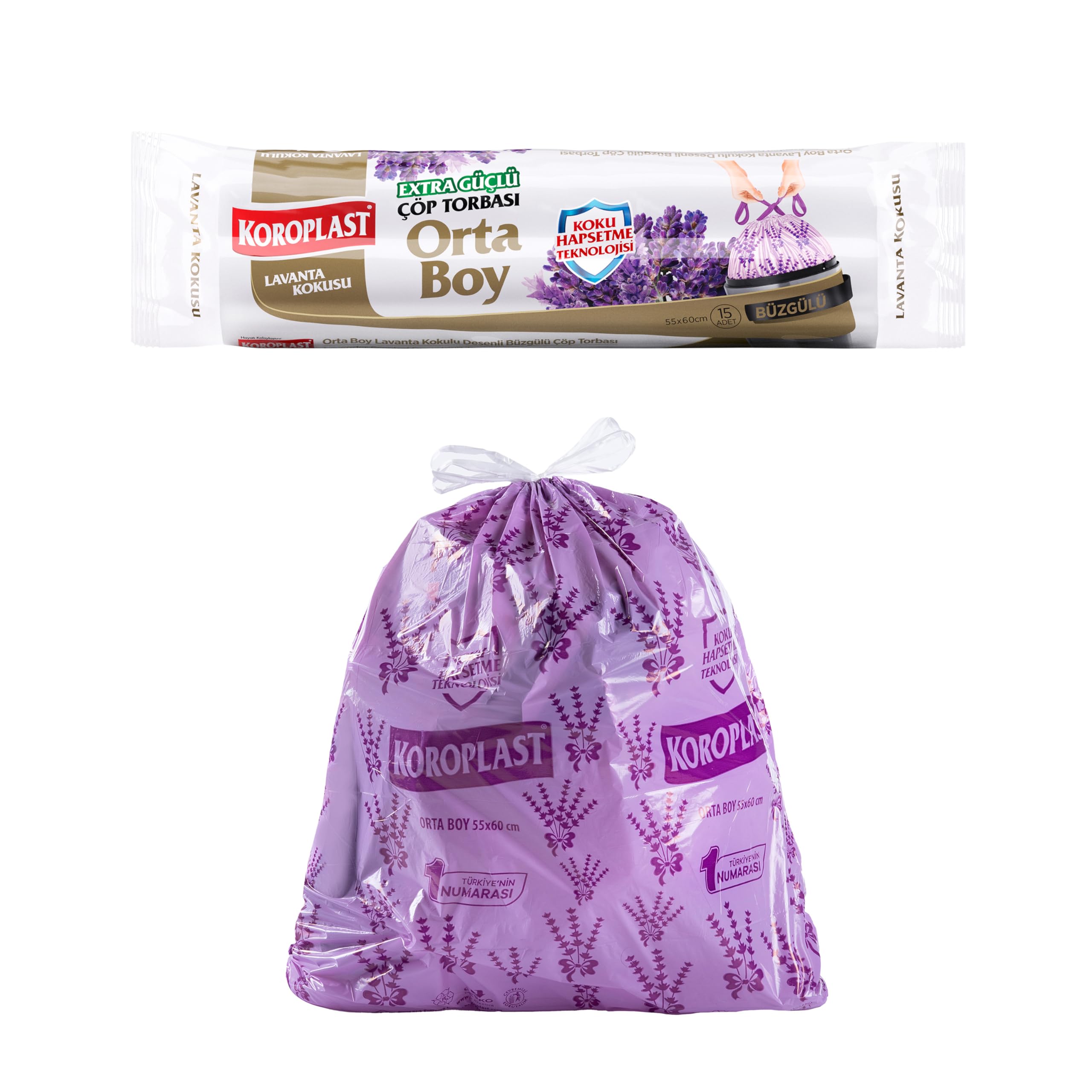 Koroplast Lavanta Kokulu Orta Boy Büzgülü Çöp Poşeti 15'li 55x60 cm, Kolay Bağlanır Kokulu Büzgülü Orta Boy Çöp Torbası, Sızdırmaz, Yırtılmaz, Geri Dönüştürülebilir Atık Torba, Ekstra Güçlü Çöp Poşeti
