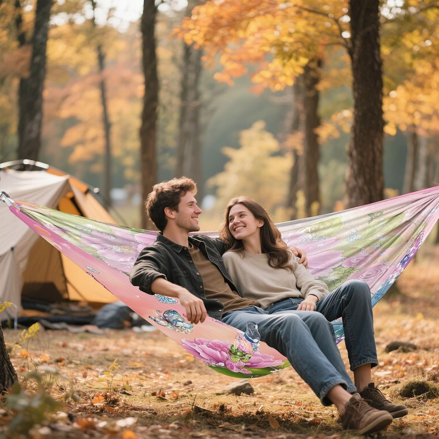 ALAZA Turtle Flowers Butterfly Dreamy Camping Hammocks Single or 2 Person 500 lbs Portable Parachute Travel Hammock w/Tree Straps for Hiking Backpacking Indoor Outdoor