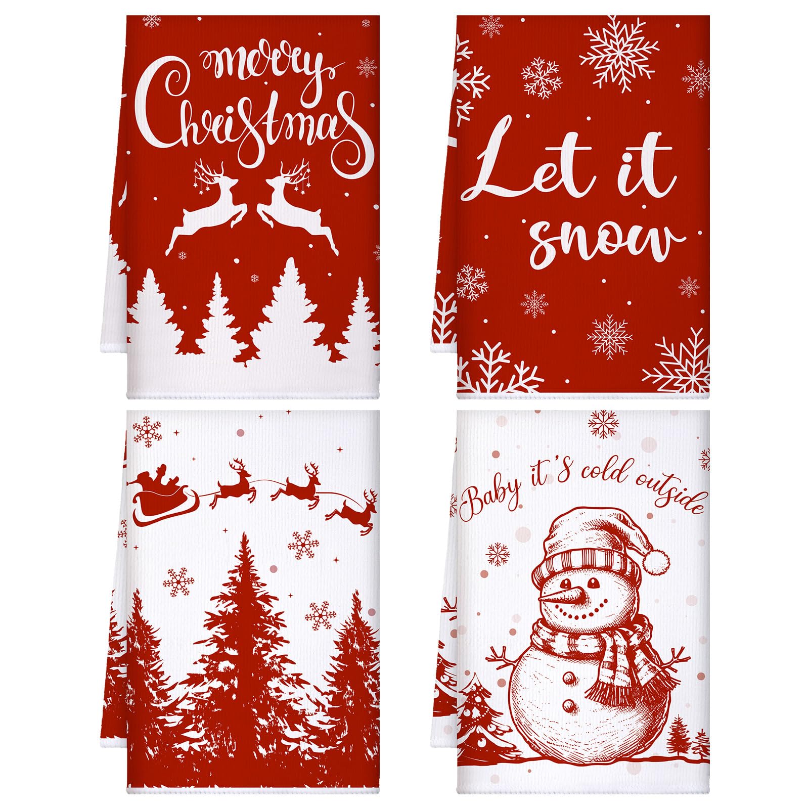Torchons de cuisine de Noël lot de 4 idée cadeau textile rouge et élan
