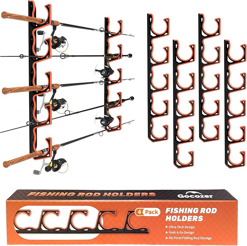 Gocozer Fishing Rod Holder for Garage, H5 Wall or Ceiling Mounted Fishing Pole Holders with Soft Protective Pad, Fishing Rod Storage Organizer, Horizontal Fishing Rod Wall Mount Nets Storage (4 PACK)