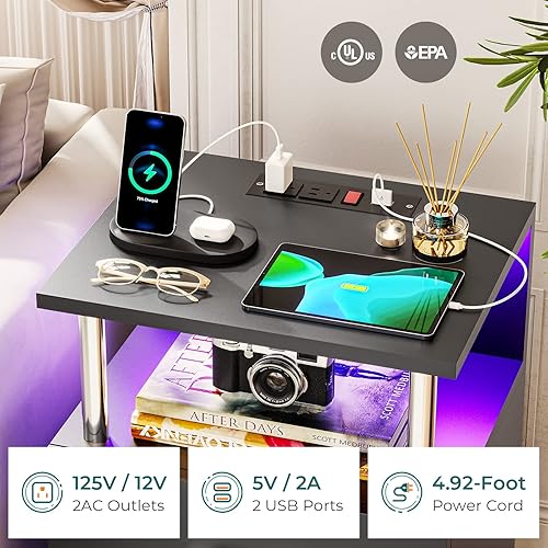 Miniatura 6 de VIAGDO Juego de 2 mesitas de noche LED con estación de carga y puertos USB, mesita de noche negra con 2 cajones, mesas auxiliares modernas con