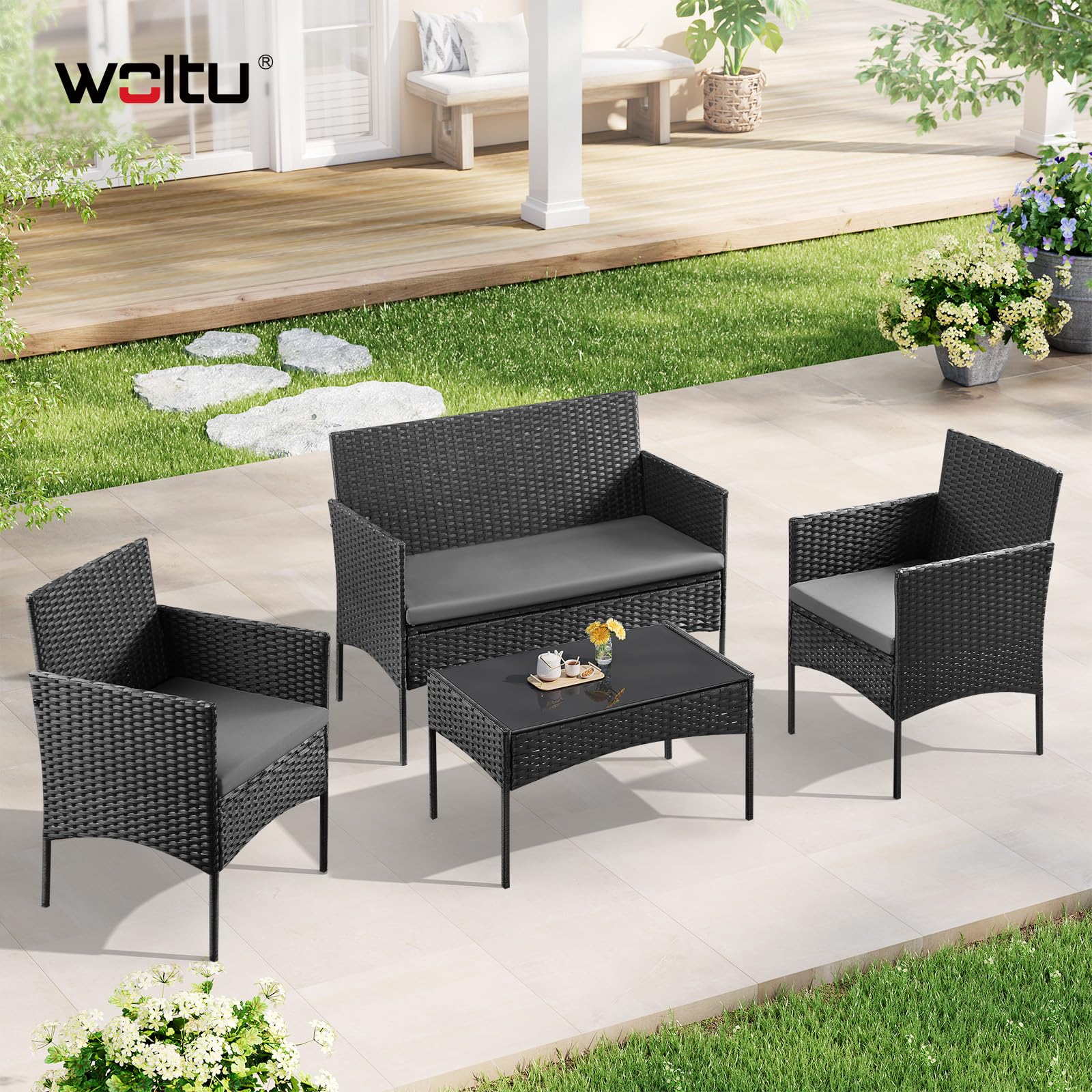 WOLTU Gartenmöbel 4-teilig Set mit 1 Sofa, 2 Sessel, 1 Couchtisch und Kissen Lounge-Möbel Outdoor 2-Sitzer-Bank mit Glas Gartentisch Terrassenmöbel Wetterfest für Garten, Terrassen, Balkon, Schwarz