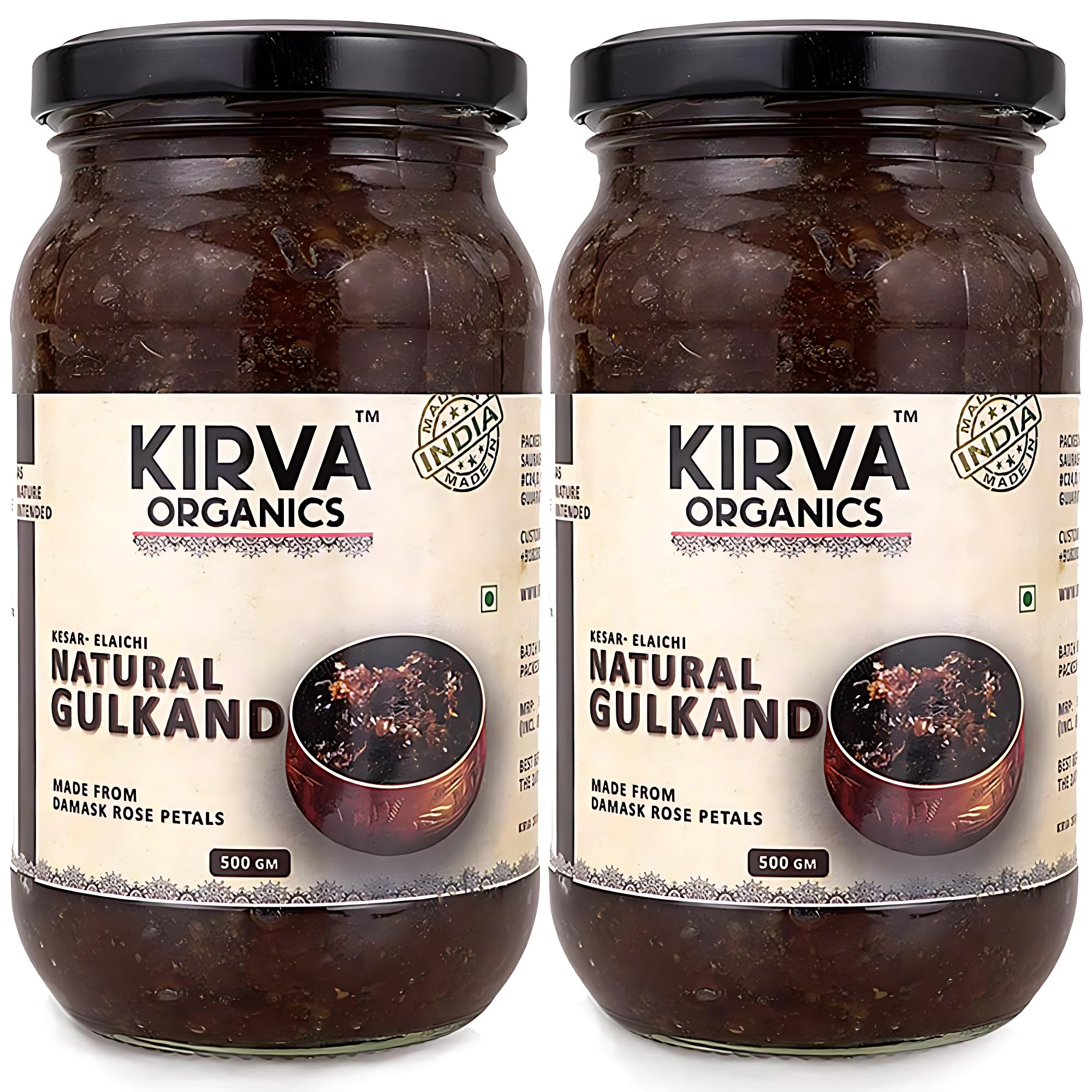 Kirva Organics Natural Gulkand 500GM | Sun-Cooked Damask Rose Petals & Rock Sugar | Infused with Kesar & Elaichi | Ayurvedic Digestive & Natural Body Coolant | No Artificial Flavors (Pack of 2)