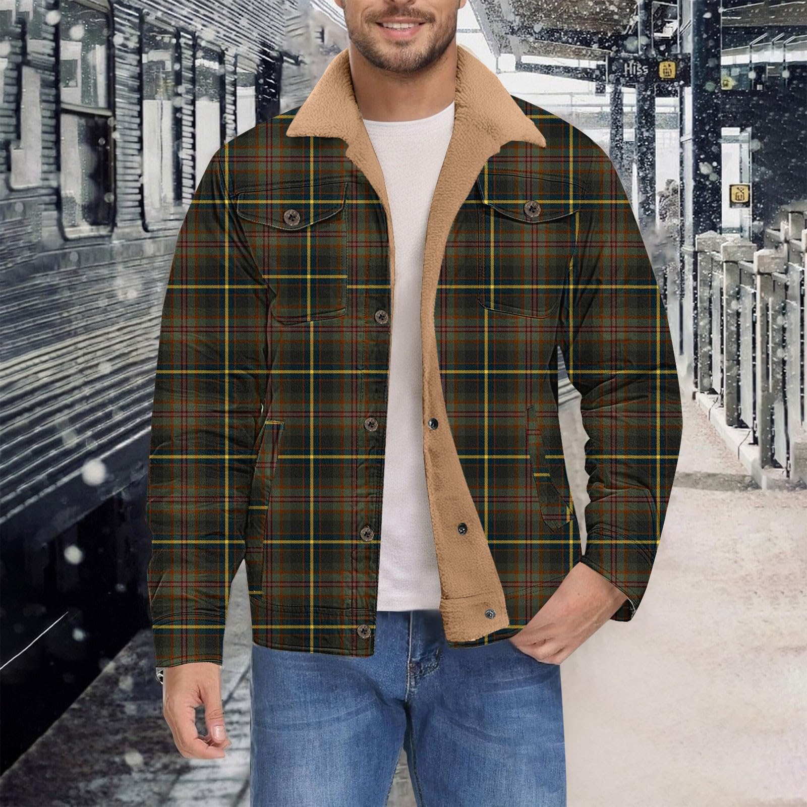 Herren Hemd Fleece, Warm Winter Langarmhemd, Hemdjacke, Button Down, mit Taschen, Freizeithemd, Herren Jacke, Umlegekragen Freizeithemd