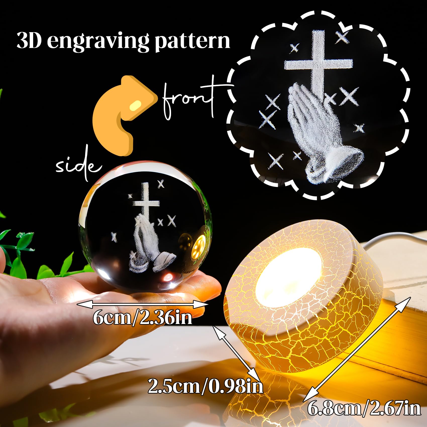 Movdyka Crystal 3D Cross in Praying Hands 2.36in Ball Statue Christian Gifts for Women Men Glass Religious Gift Sphere for Room with Warm Light Crucifix Catholic Presents for Home Ornaments - Image 3