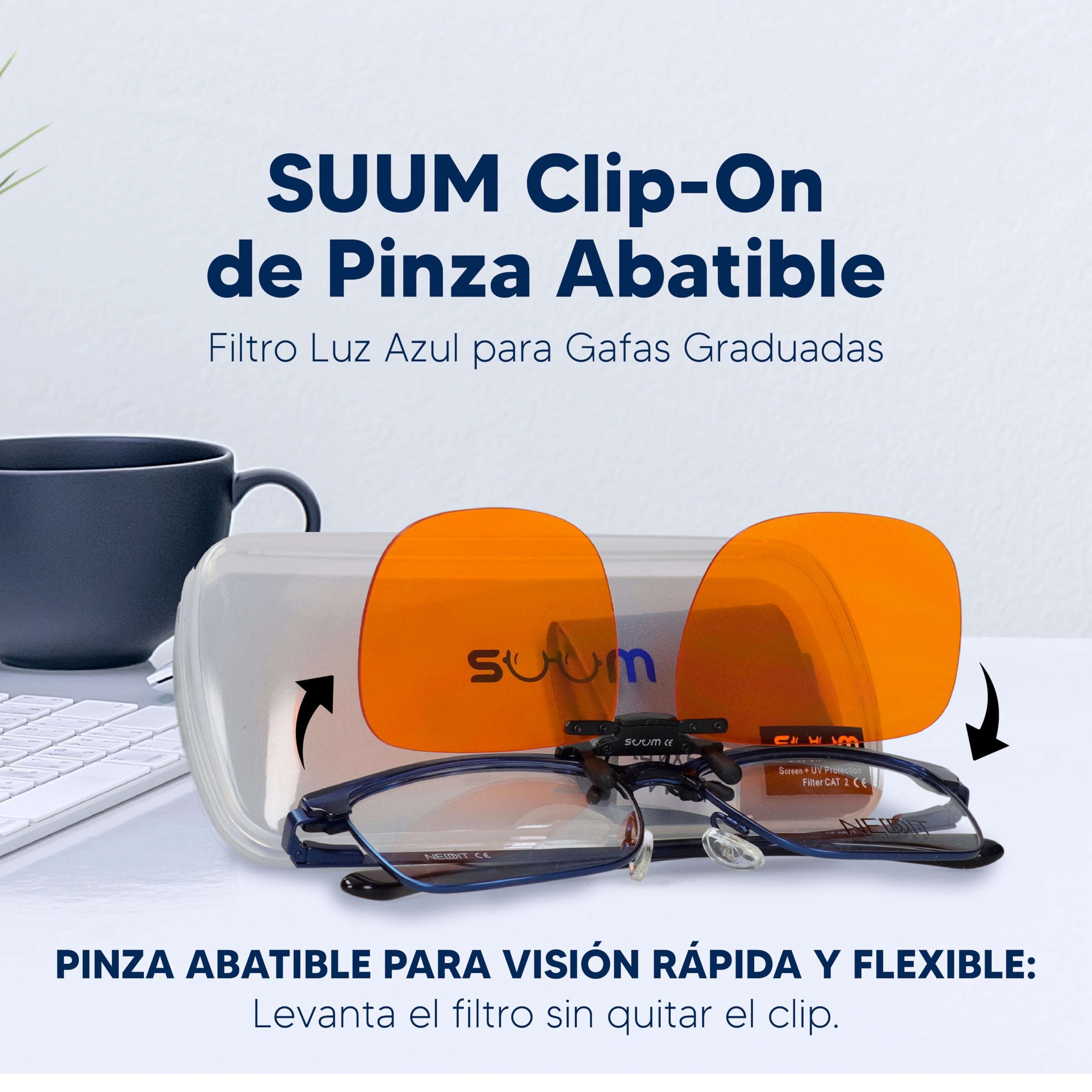 SUUM Clip-On de Pinza Abatible Filtro Luz Azul para Gafas Graduadas - Lentes Naranja Antifatiga para Pantallas y Lectura - Clip Luz Azul para Gaming y Trabajo con Visión Dual