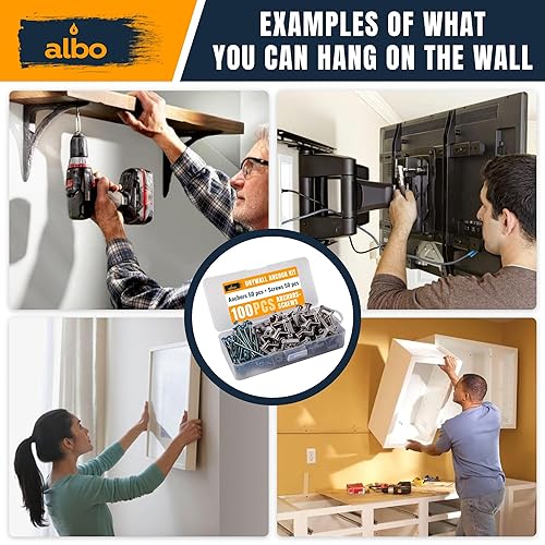 Miniatura 6 de ALBO Kit de anclaje para paneles de yeso para pared hueca con tornillos, 100 piezas (anclaje gris, 50 piezas + tornillos, 50 unidades), anclajes de