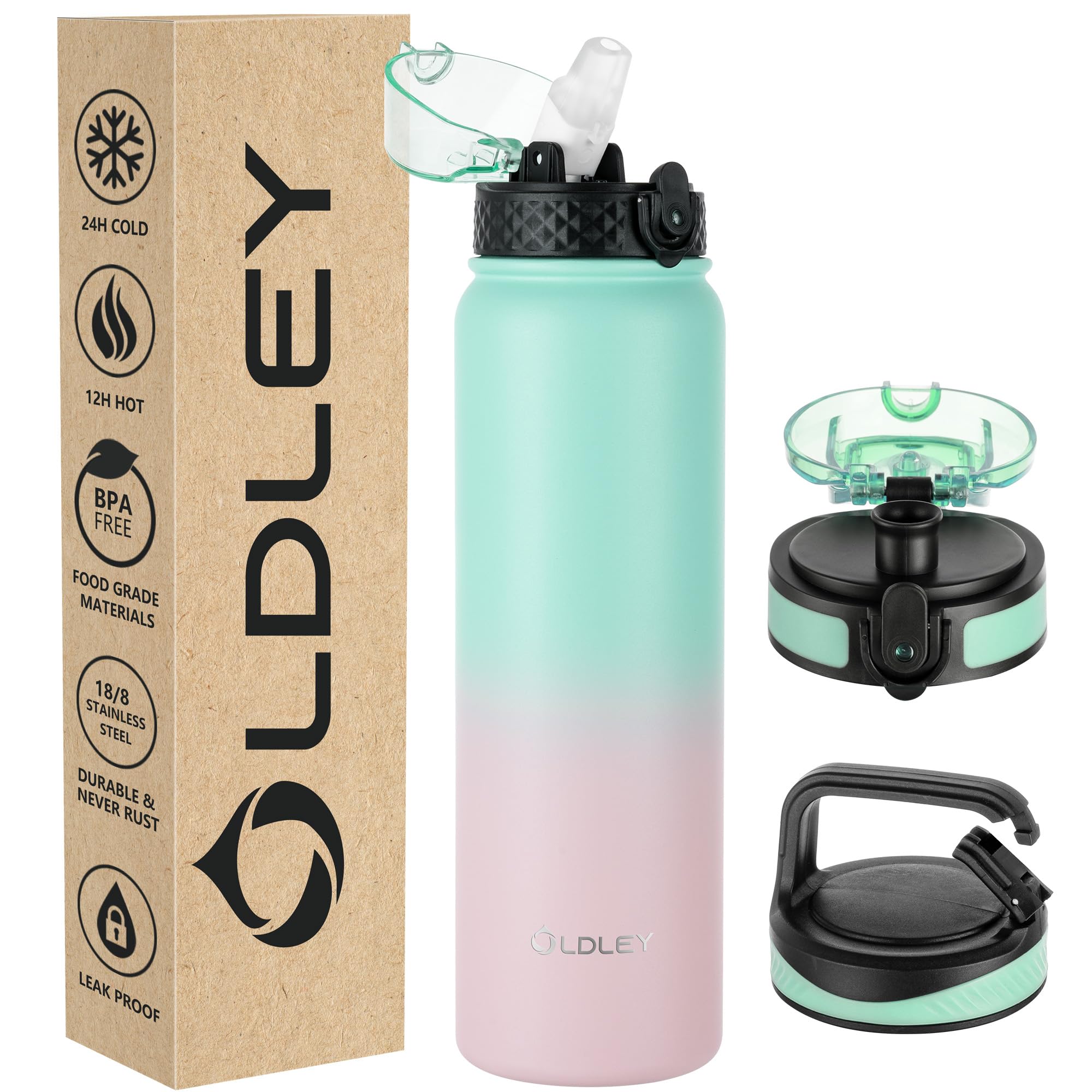 Oldley Insulated Water Bottle 32oz Water Bottles with Straw, Stainless Steel Water Bottle with 3 Lids, Double Wall Vacuum Bottles for Adults,