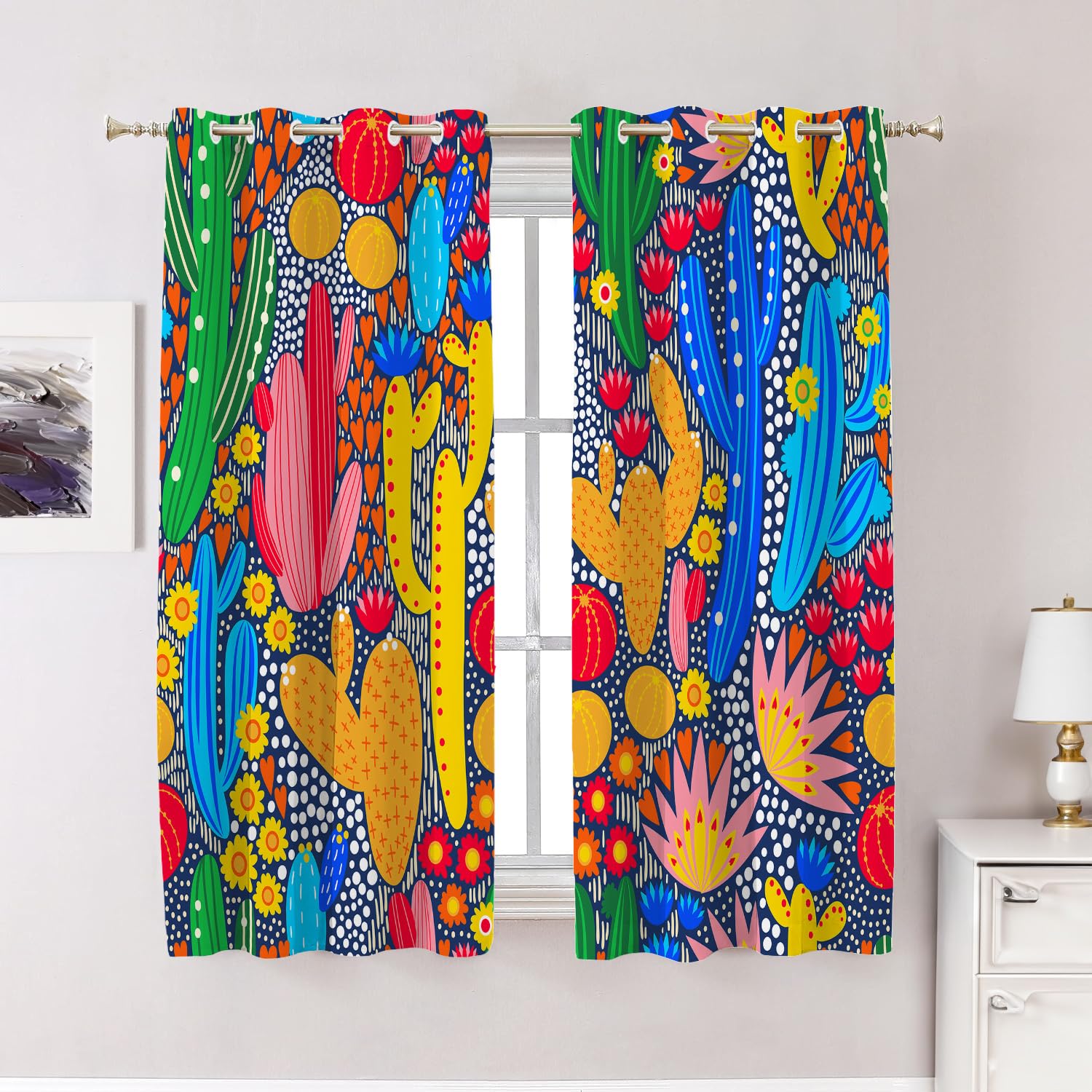 BaoNews Orange Cartoon Cactus Bedroom Curtains,Blue Cartoon Blackout Polyester Grommet Window Treatment Drapes for Living Room, 2 Panels 52X63 Inches