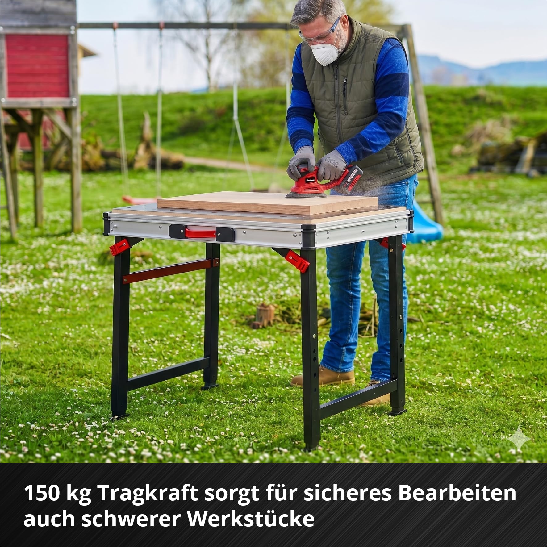 kwb Werktisch faltbar (847 x 600 x 900 mm, höhenverstellbar 735–887 mm, 150 kg Tragkraft, MDF-Arbeitsplatte, Aluminiumrahmen, Faltbare Beine, Tragegriff, 2 seitliche Haken)