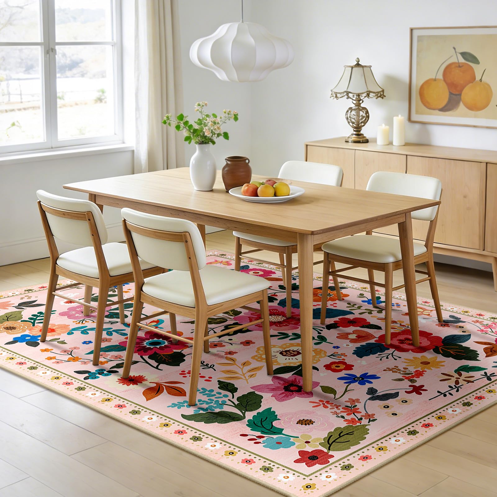 Teppich Wohnzimmer 120x180cm Rosa/Beige, Blumen Waschbare Teppiche | Boho Vintage Blumenmuster Wohnzimmerteppich, Waschbarer & Rutschfester Kurzflor Weich für Wohnzimmer, Schlafzimmer, Esszimmer