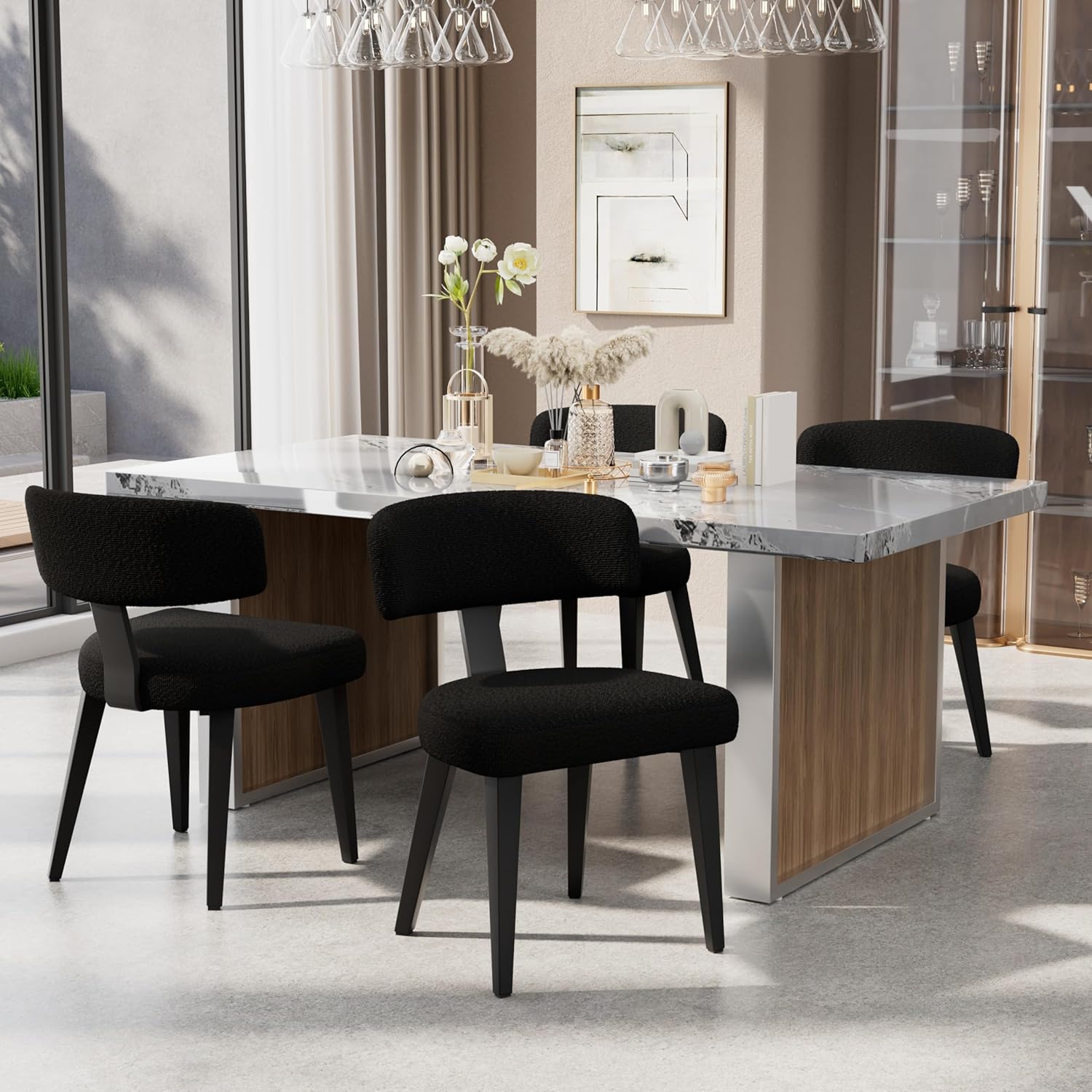 Mid-Century Dining Chair Set of 6, Upholstered Kitchen Chair with T-Shaped Back, Faux Leather with Silver Metal Legs, Comfortable Padded Seat for Dining Room, Kitchen, Living Room, White
