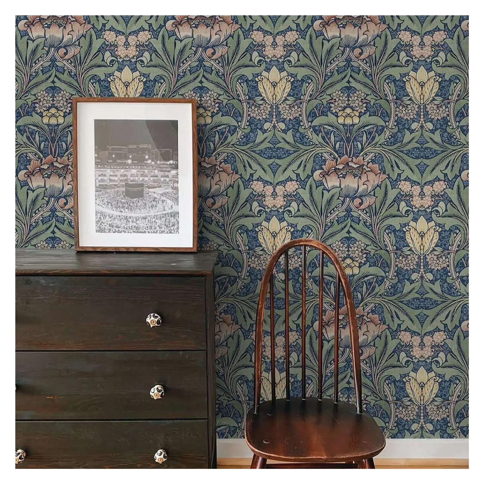 BTGYTTKL Self Adhesive Wallpaper Blue Damask Floral Peel and Stick Self Adhesive Wall Film for Indoor Decoration(50cm X 200cm)