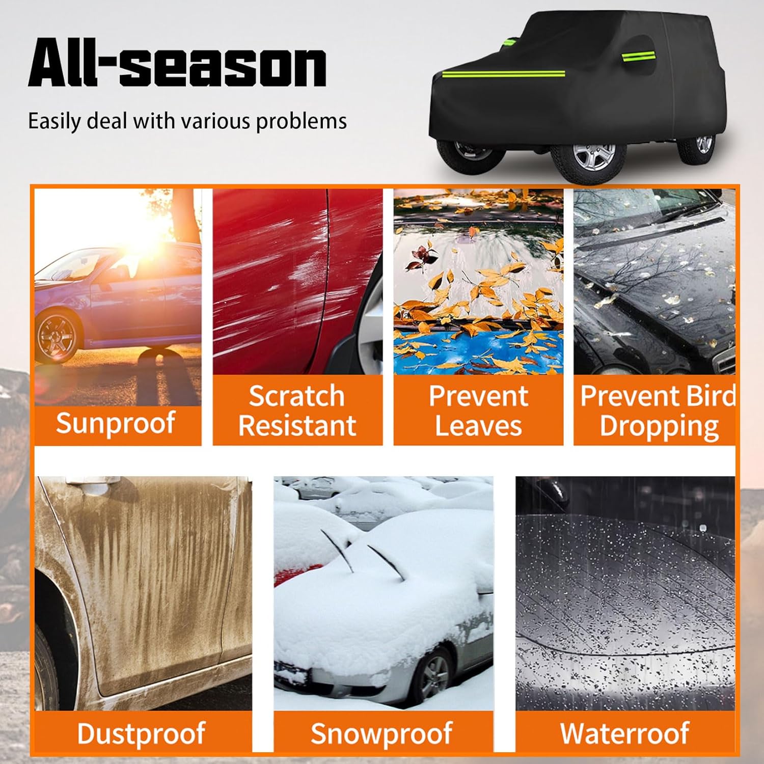 Waterproof Car Cover for J-eep Wrangler 4 Door 1987-2026, Outdoor Waterproof Sun Rain Snow Hail Protection with Driver Door Zipper for J-eep Covers Fits JK JL TJ YJ CJ