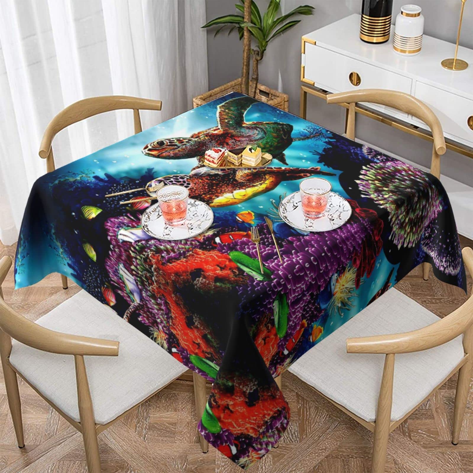 Lawenp Sea Turtles Diamond Painting Square Wrinkle-Free Table Cloth Cover Table Decorative for Wedding Dinning Party Banquet Tabletop