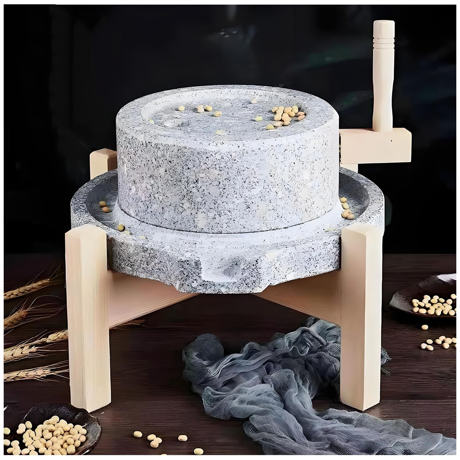 Yinian Mulino a Pietra Fatto a Mano, con Telaio in Legno Macina Tutto, Spice Grinder Machine, Macinino per Frutta Secca, Macinino Artigianale Domestico per Cereali, Fagioli E Orzo(Size:35cm)