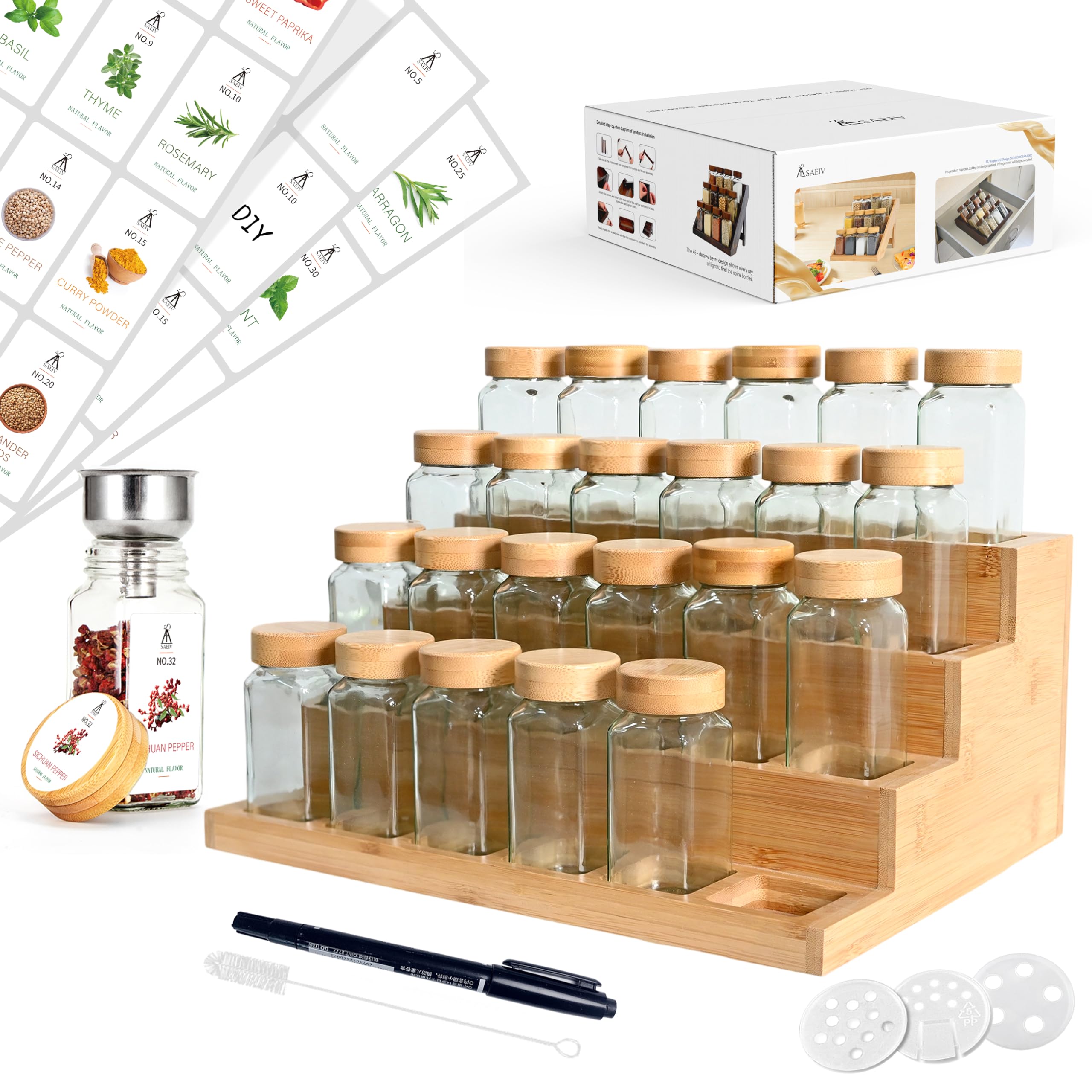SAEIV Gewürz Organizer 24x120ml 2in1 Bambusregal FCM® gewürzdosen gewürzgläser eckig gewürzgläser glas gewürzbehälter gewürze set spice jars gewürzgläser leer gewürzstreuer glas mit Edelstahltrichter