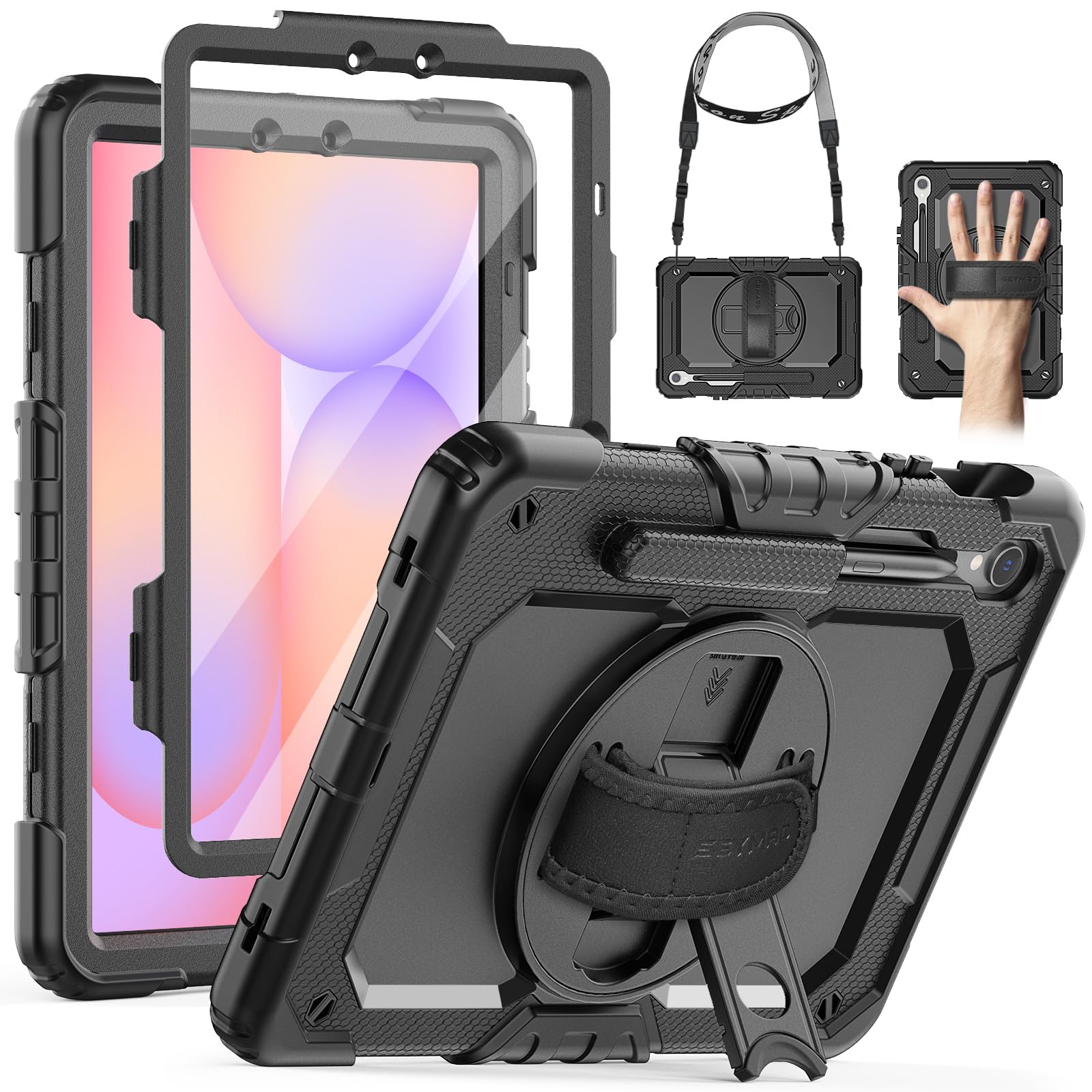 SEYMAC Coque pour Samsung Galaxy Tab S10 Lite / S10 FE / S9 FE 10.9 Pouces / S9 11 Pouces, Coque Antichoc avec Protecteur D'écran, Dragonne, Bandoulière, Support et Porte-Stylo, Noir
