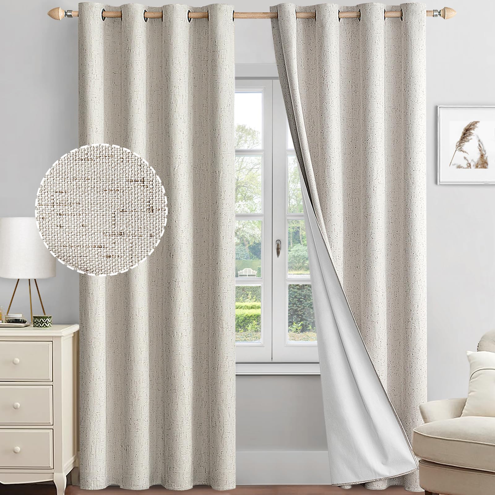 MIULEE Linen Textured 100% Blackout Curtains for Bedroom 72 Inches Long Ivory Thermal Insulated Black Out Window Curtains/Draperies with White Liner for Living Room/Nursery, Grommet Top, 2 Panels