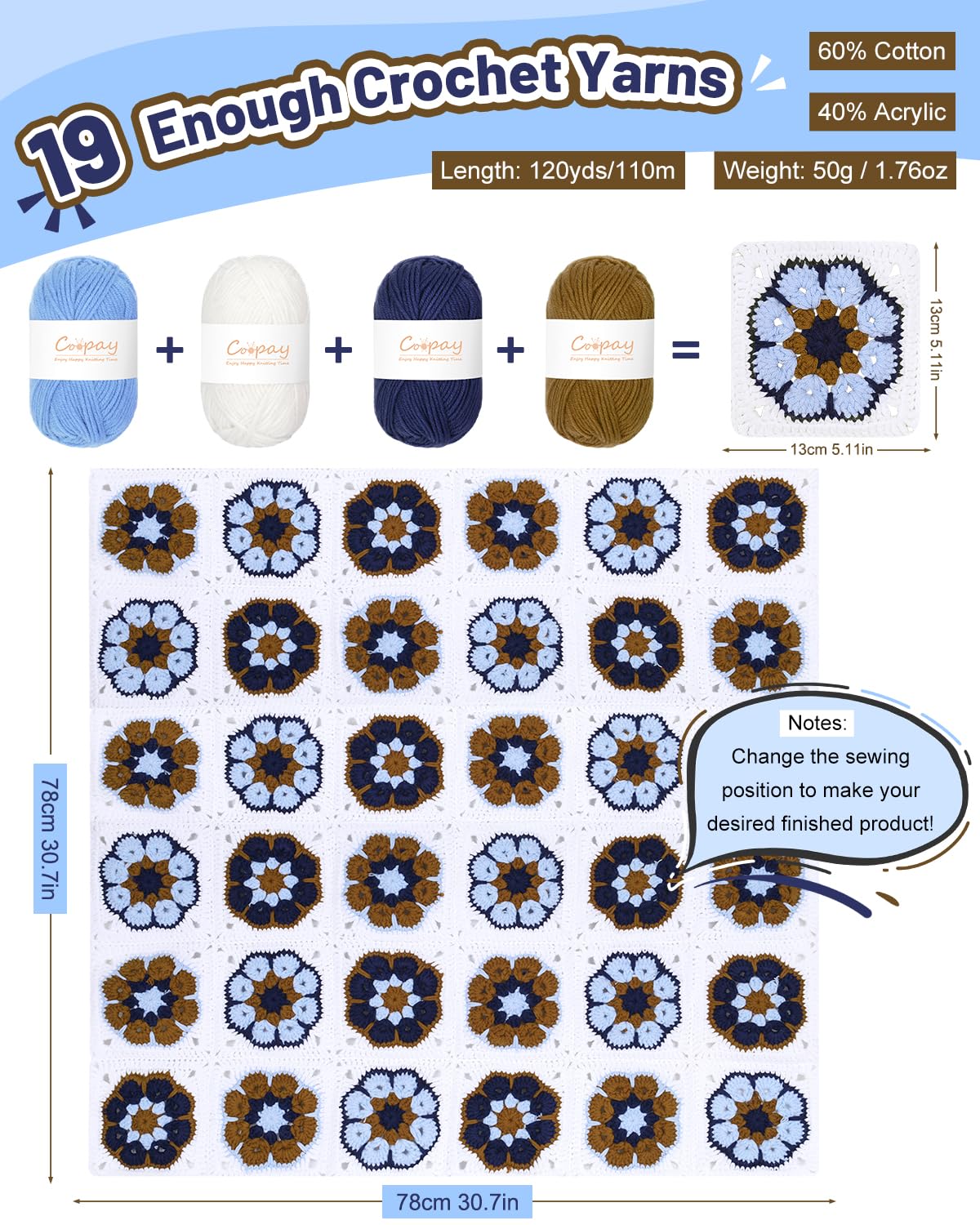 Coopay Häkeldecken-Set für Anfänger, quadratisches All-in-One-Set mit Schritt-für-Schritt-Video und genug Garnen – Master Granny Square Häkeln einfach, ideales Geschenk für Bastelliebhaber (Mokka-Blau