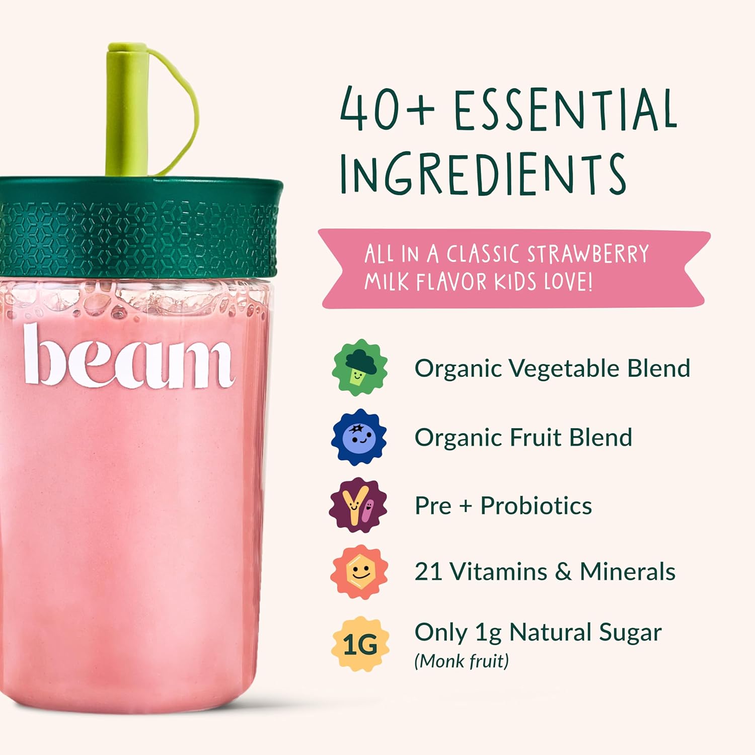 Beam Kids Multivitamin Powder – Kids Vitamins with Greens, Probiotic & Prebiotic, Immune Support for Children & Toddlers, No Artificial Sweeteners, for Picky Eaters, 20 Servings, Strawberry Flavor