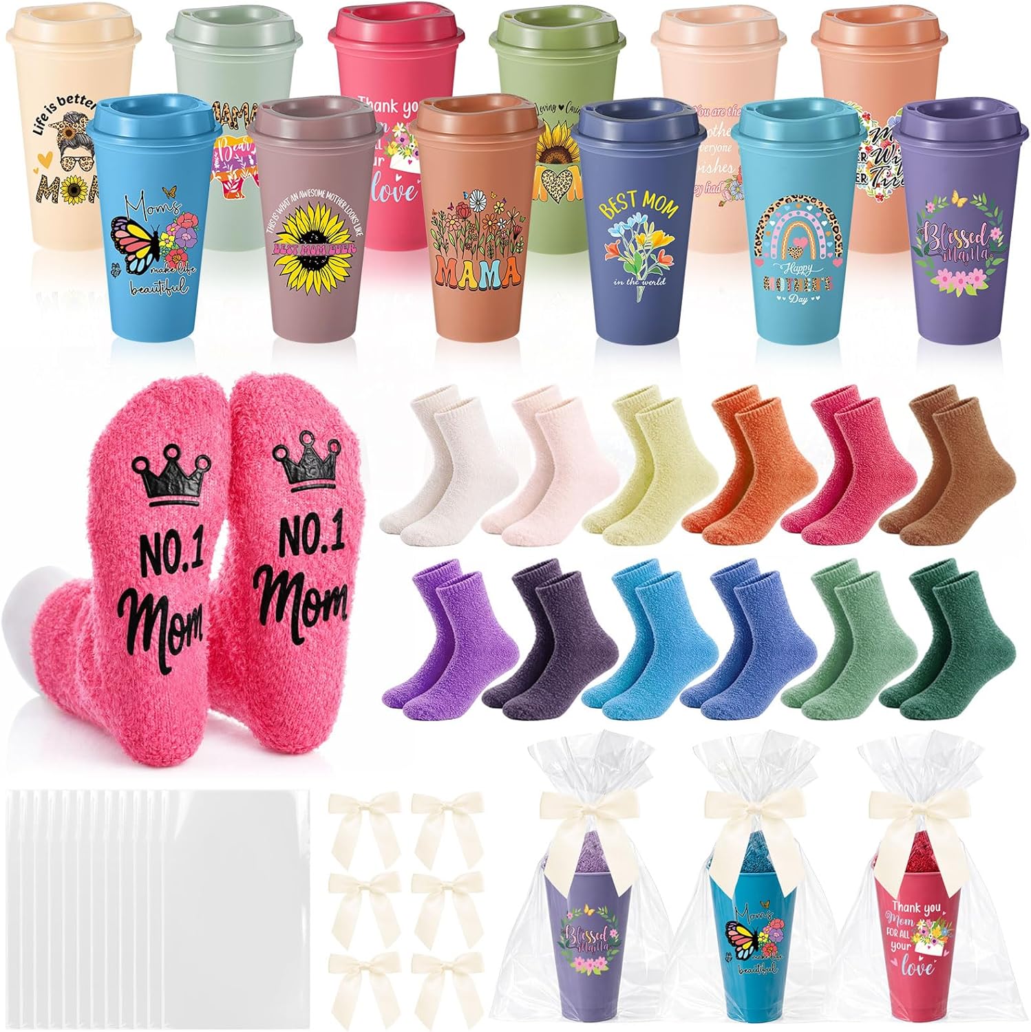 Hollowfly Mother's Gifts Bulk for Groups – 12 Sets Mom Gift with 24oz Straw Cups, Socks, Gift Bags,Bows, Classroom Office Church Bulk Gifts for Mom from Kids Student Coworker (Rainbow)