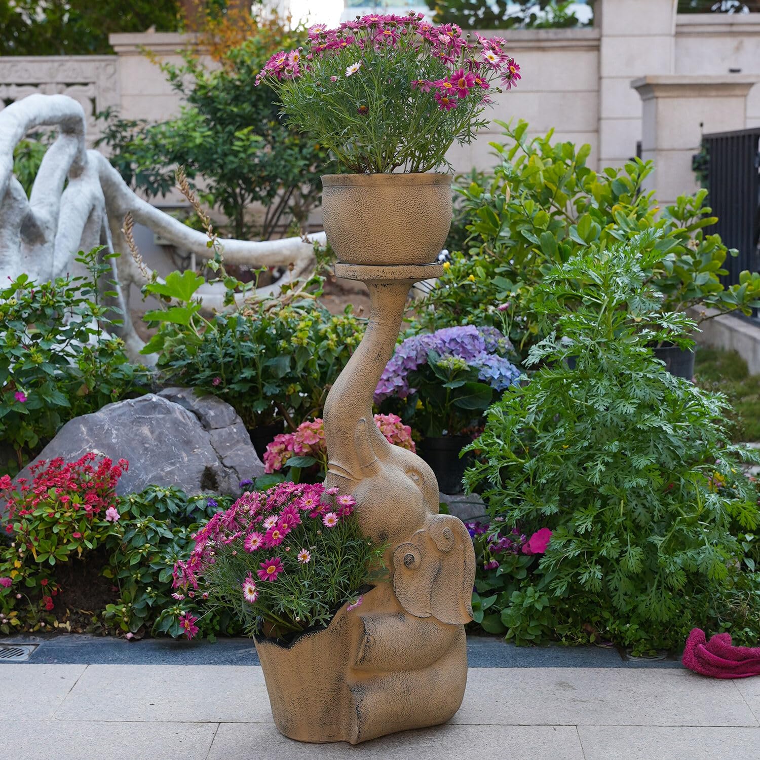 Elephant Outdoor Planter Decor - Sitting Elephant with 2 Planter Pots Garden Patio Decoration Sculptures Lawn Ornament Indoor Statue for Outspace 3ft, Brown