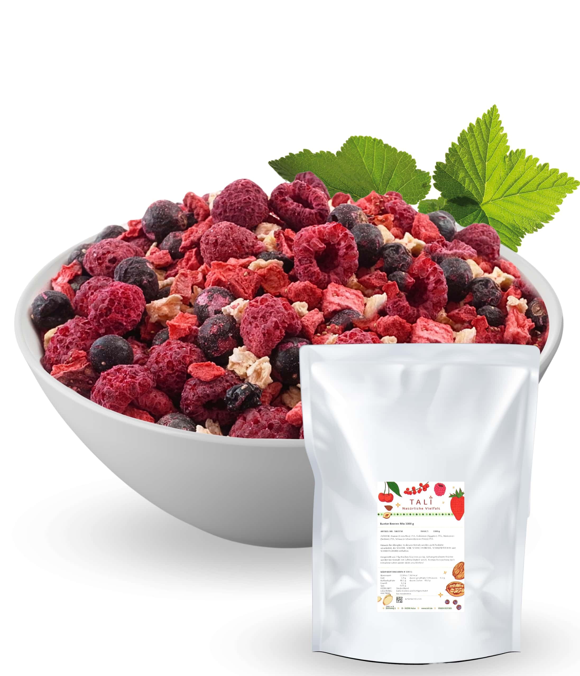 TALI Bunter Beeren Mix 1000 g | Gefriergetrocknete Ananas, Erdbeeren, Himbeeren, Schwarze Johannisbeeren