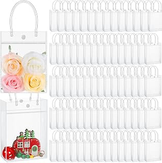 Abbylike 손잡이가 달린 투명 플라스틱 선물 가방 200개, 18.9 x 24.6 x 7.9cm(7.1 x 9.4 x 3.1인치), 벌크 미디엄 투명 PVC 토트백, 재사용 가능, 어머니의 날, 웨딩 파티 선물, 부티크 소매 상품