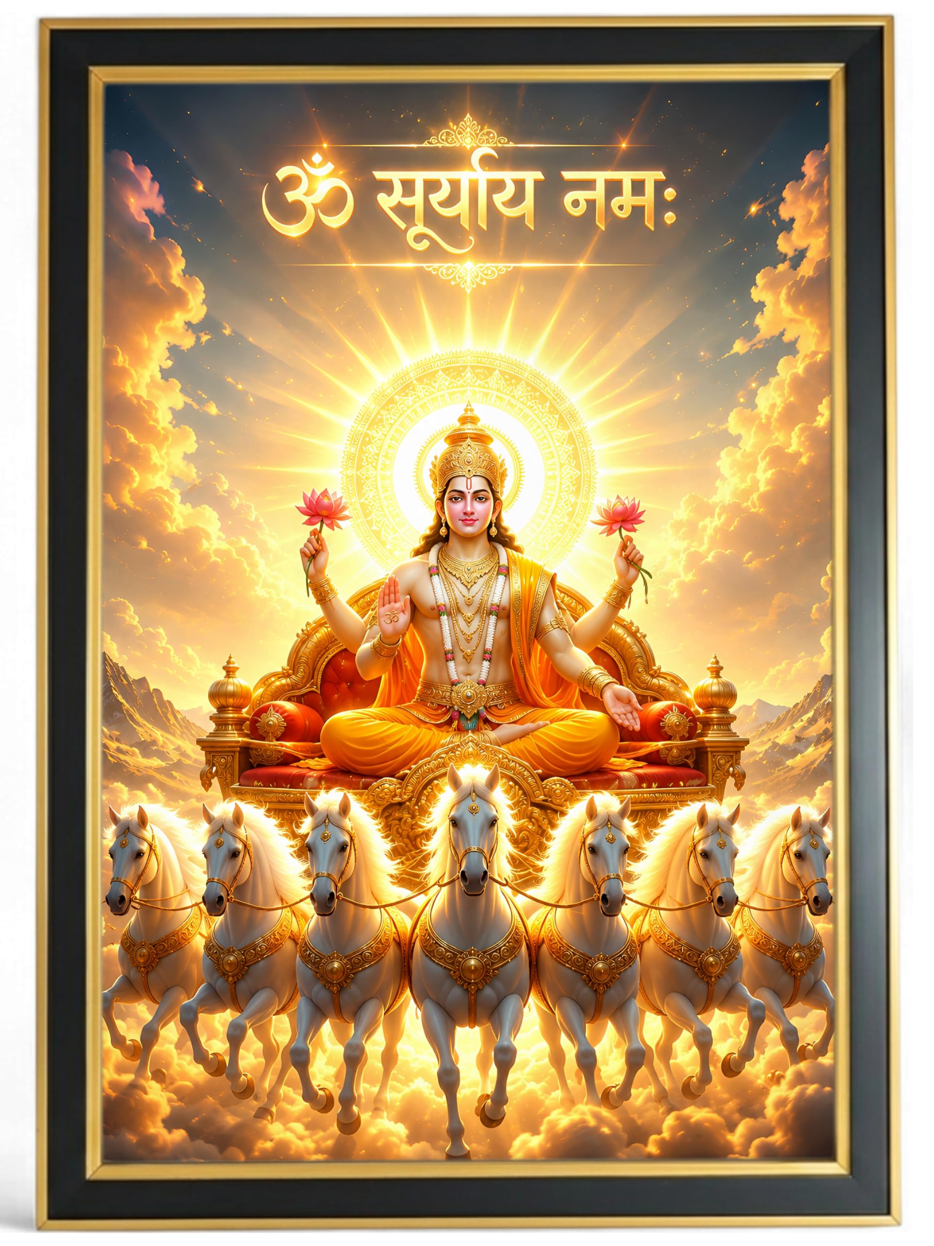 ARTFUL TOY BOX – Surya Dev with Seven (7) Horses & Om Suryaya Namah Mantra Photo Frame Wall Hanging | Divine Solar Chariot Design | Spiritual Surya Dev Painting | Premium Golden Black Fiber Frame | Glossy Finish Devotional Home Decor – 12×18 Inch (30×45 cm) (Design 5)-image-7