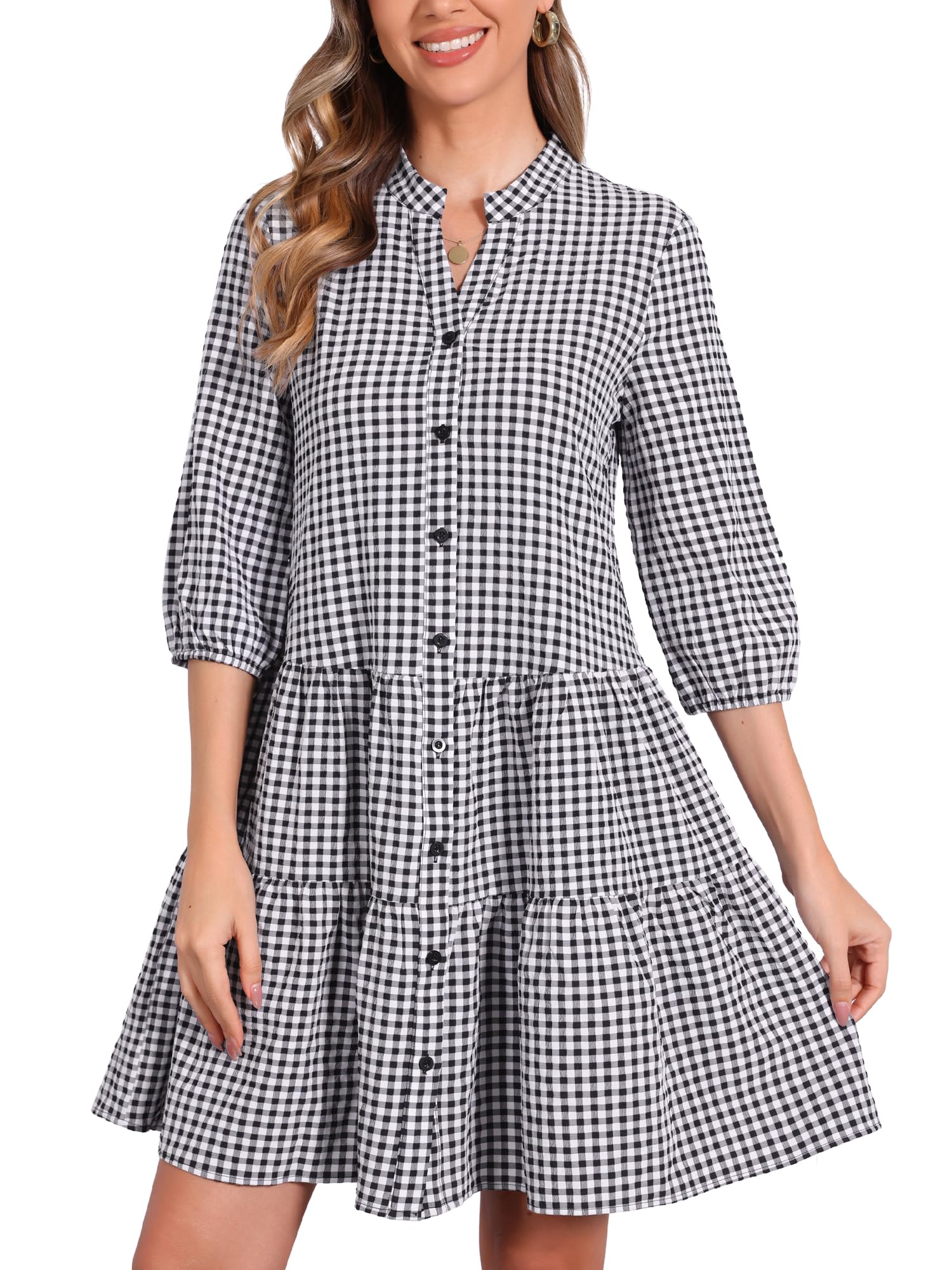 Robe trapèze décontractée vichy avec ourlet volanté et boutons pour silhouette fluide - 6