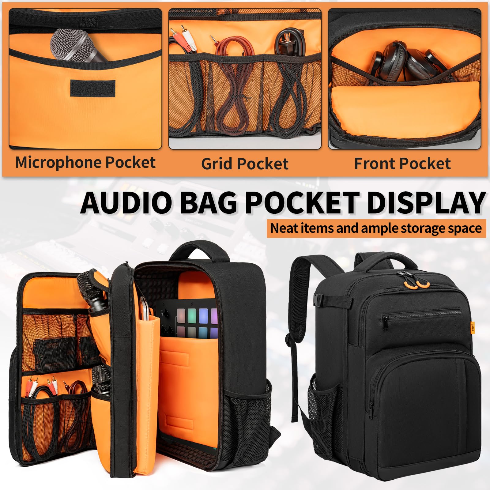GMAK Mochila mezcladora de audio compatible con RODECaster Pro, RODECaster Pro II, RC Duo, DJ Mixer bolsa de viaje con un montón de bolsillos, bolsa protectora para mezcladores de audio para cables,