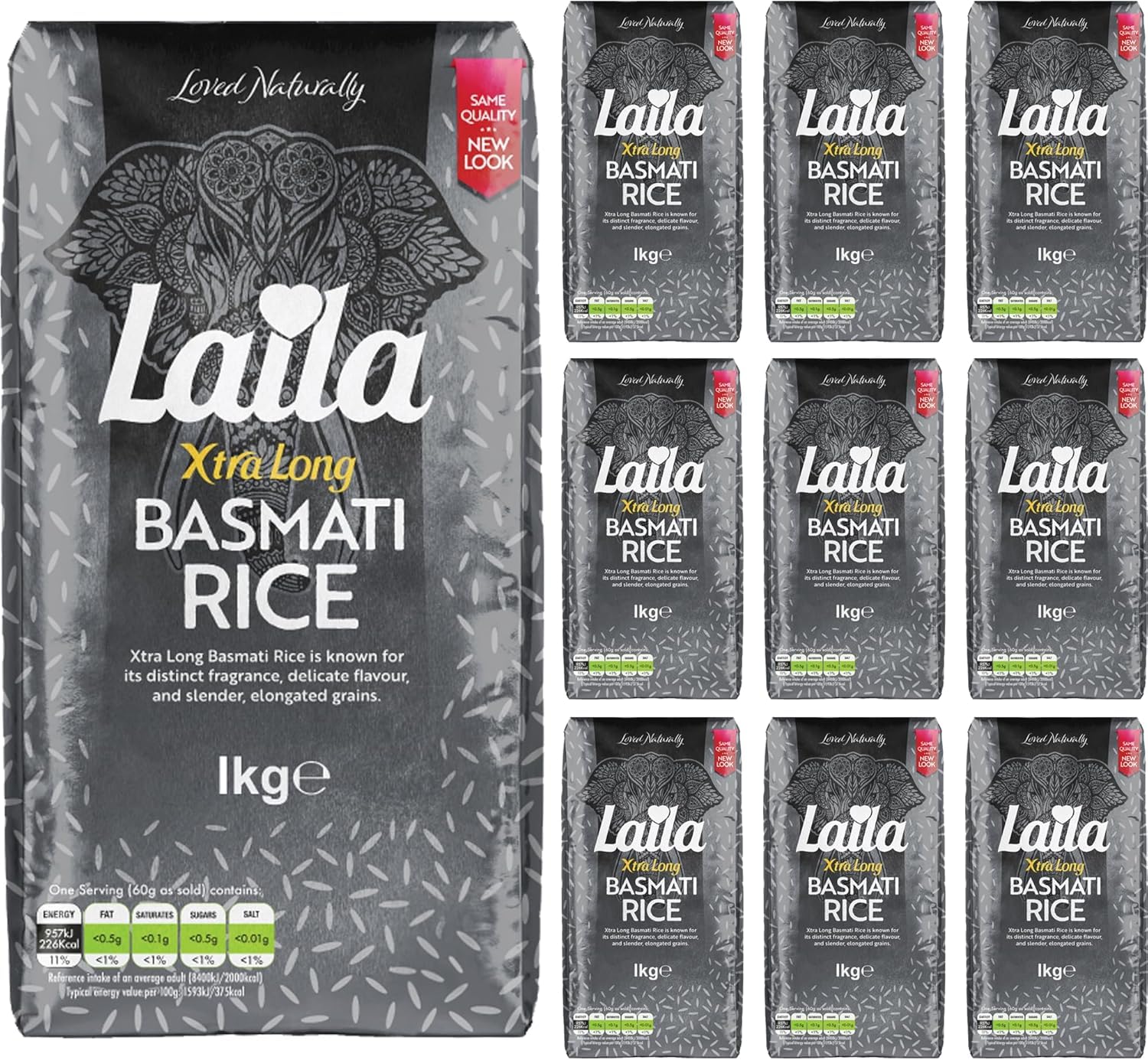 Laila Xtra Long Basmati Rice (10 x 1Kg Bags) Extra Long Rice 10Kg for Biryani or Pilaf