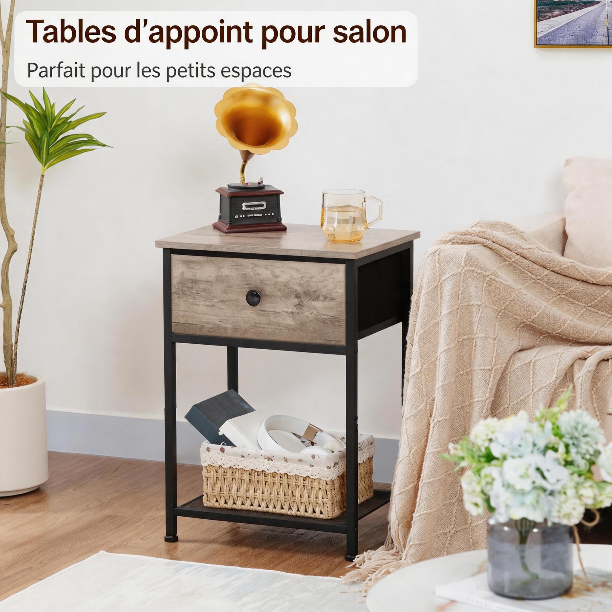 AMHANCIBLE Lot de 2 Tables de Chevet, Tables d'Appoint Industrielles avec Tiroir en Tissu et Étagère de Rangement, Tables de Nuit pour Canapé, Lit Bas, Petit Espace, 30 x 40 x 55 cm Gris HET03SDGY