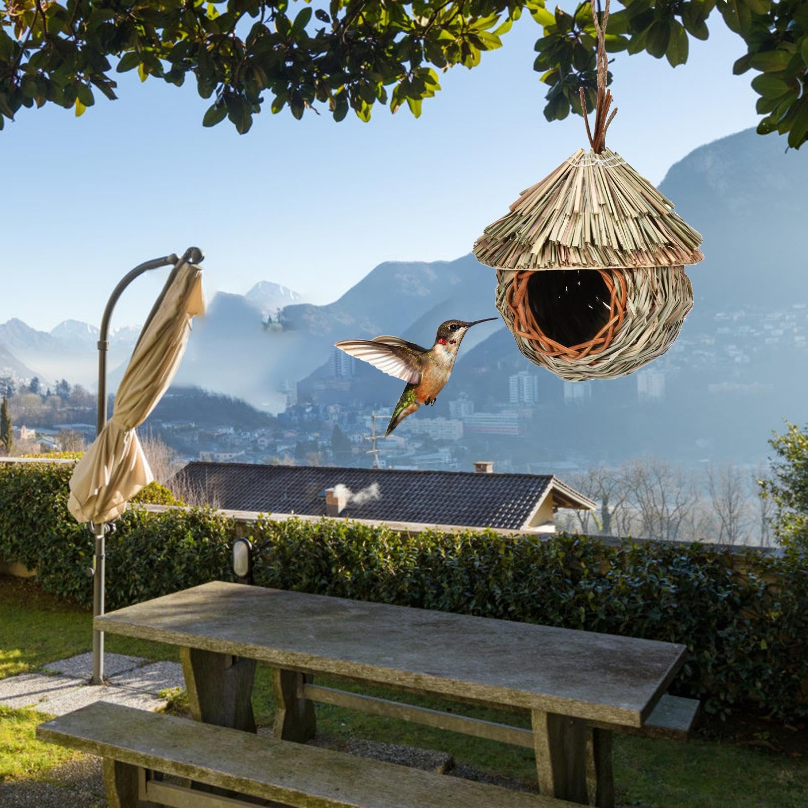 Casetta Per Uccelli Artificiale In Canna - Rifugio Da Esterno Tessuto A Mano - Foto 13