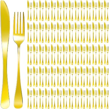 100 Pcs Stainless Steel Gold Silverware Set Bulk Flatware Set Service for 50, 50 Pcs Dinner Forks and 50 Pcs Dinner Knives Tableware Cutlery Set for Butter Kitchen Restaurant, Dishwasher Safe