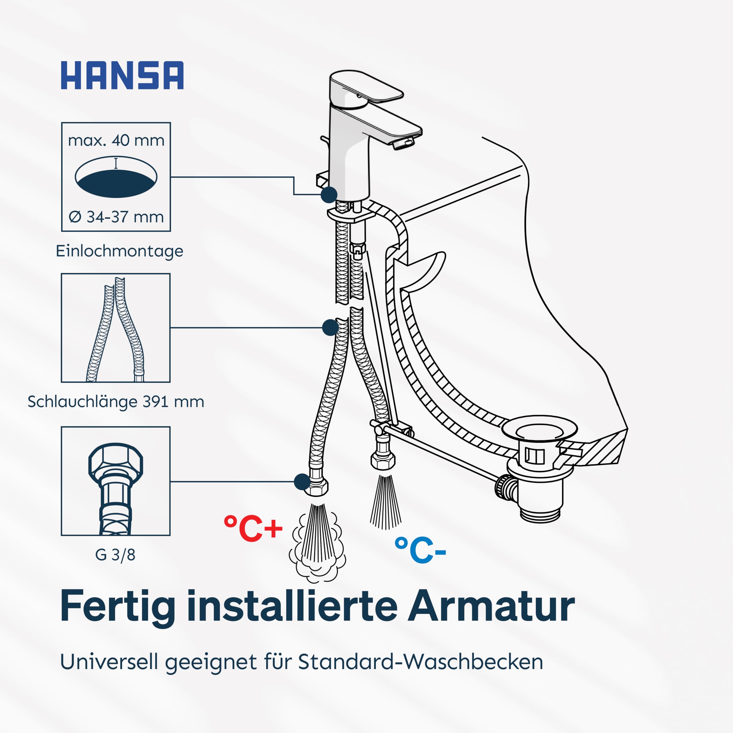 HANSA BASIC XL Waschtischarmatur I Einhebelmischer Waschbecken mit Temperatur & Mengenbegrenzer | XL-Size für mittelgroße bis große Bäder | Ablaufgarnitur mit Zugstange | Wasserhahn Badezimmer | Chrom