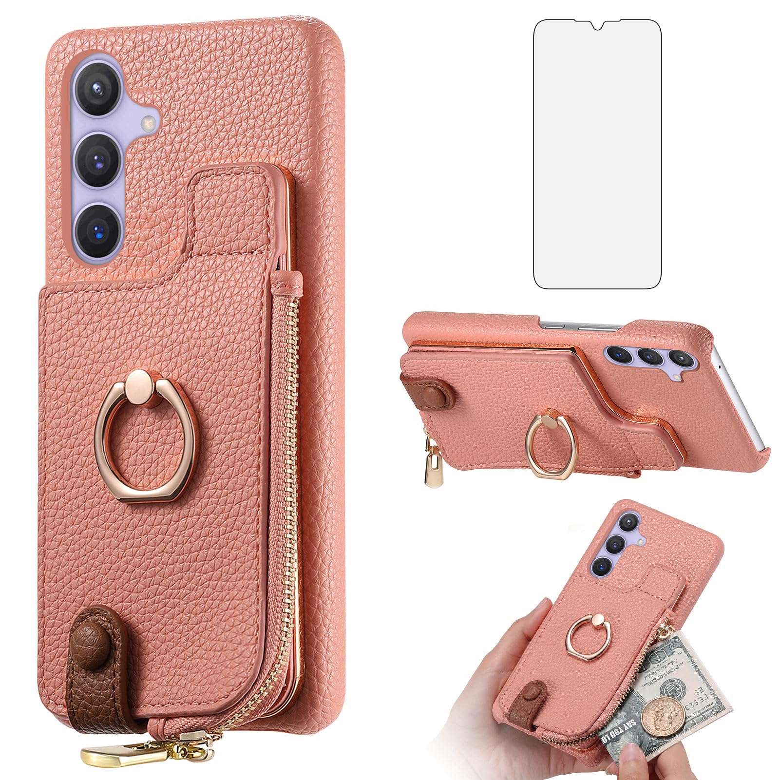 Asuwish Phone Case for Samsung Galaxy S24 Plus S24+ 5G Wallet Cover with Screen Protector and Zipper RFID Card Holder Slot Ring Stand Cell Accessories