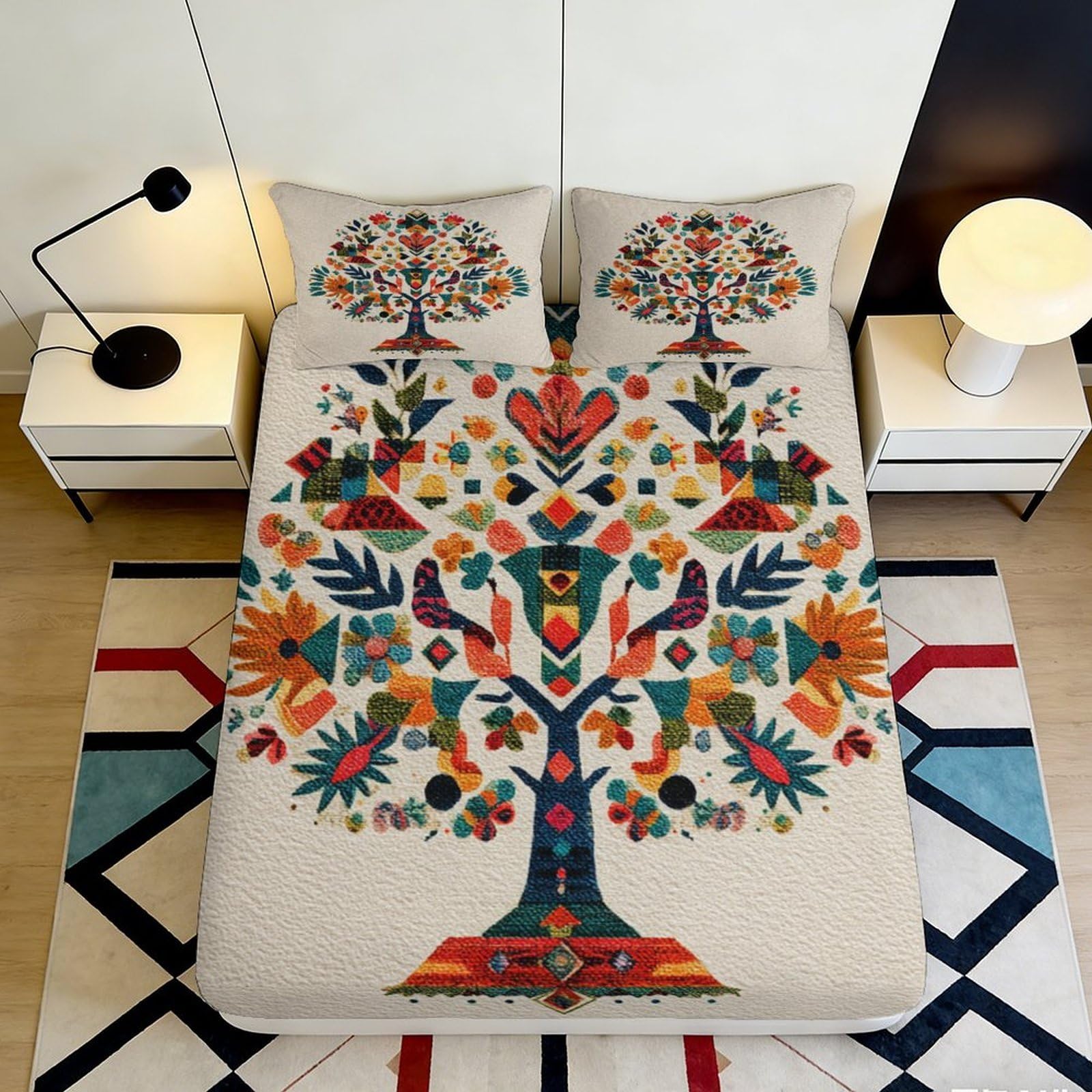 3D Printed Folk Art Tree Fitted Sheet Microfiber Soft Colourful Boho Bird Mattress Cover Bedroom Decor 90x200x25cm