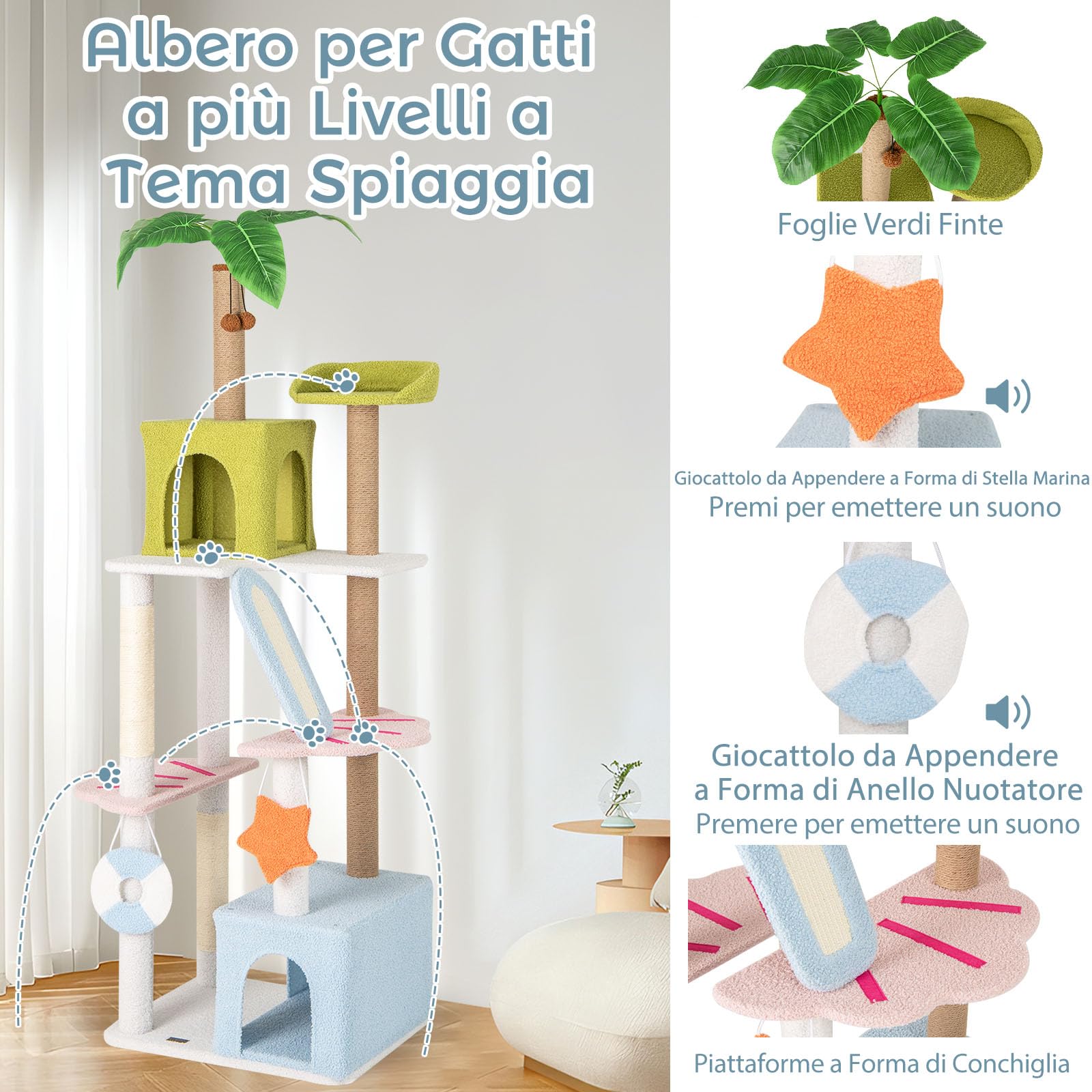 GYMAX Albero Tiragraffi per Gatti Alta180 CM, Torre Multilivello con 2 Condomini, Rampicante e Posti per Graffiare, Morbida, Decorazione a Tema Spiaggia, Centro Attività per Gattini e Gatti Adulti