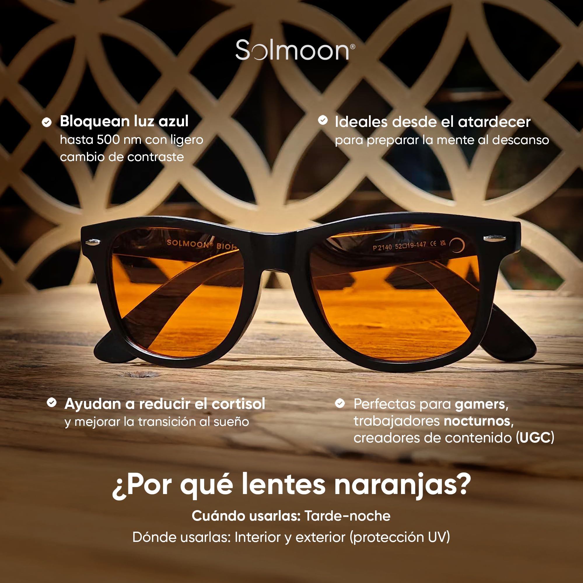 Solmoon Gafas Luz Azul Naranja Tarde y Noche – Lentes Tritan BPA Free – 0 Luz Azul para Pantallas, Gaming, Atardecer y Paseo Nocturno – Circalens™ – Estuche Bio Mushroom Leather