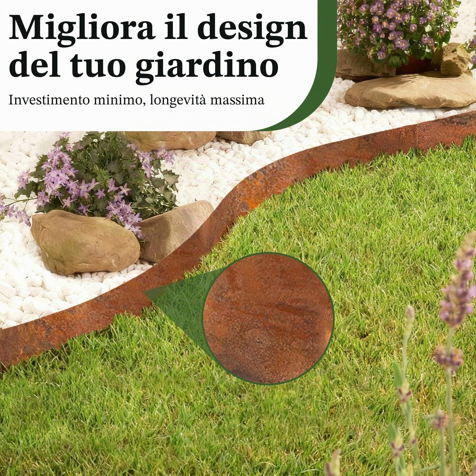 Bordura per Aiuola in Acciaio Corten 10 M, Bordura Corten per Giardino, Altezza 15 cm, Recinzione per Aiuole con Aspetto Ruggine per Aiuole, Allee, Alberi e Ghiaie, 1 Paio di Guanti Inclusi
