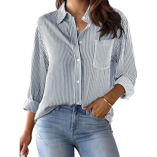 CUNLIN Grade 4 Wrinkle-Resistant Women's Button Down Shirts Striped Long Sleeve Collared Blouses Tops with Pocket